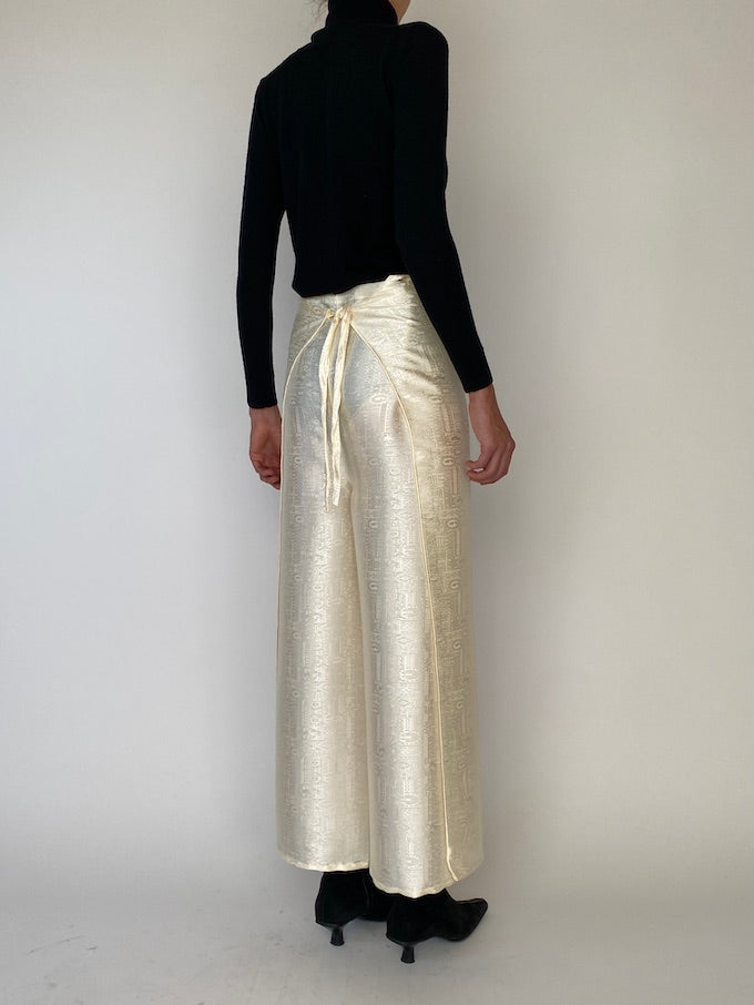 Vintage cream waist-tie wrap pants 4806
