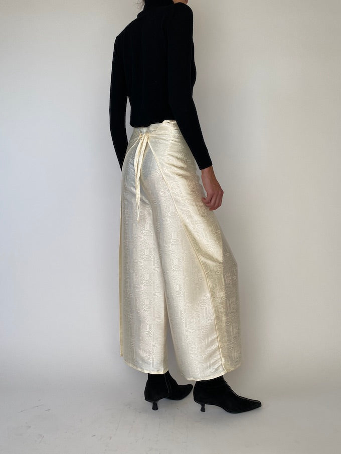 Vintage cream waist-tie wrap pants 4806