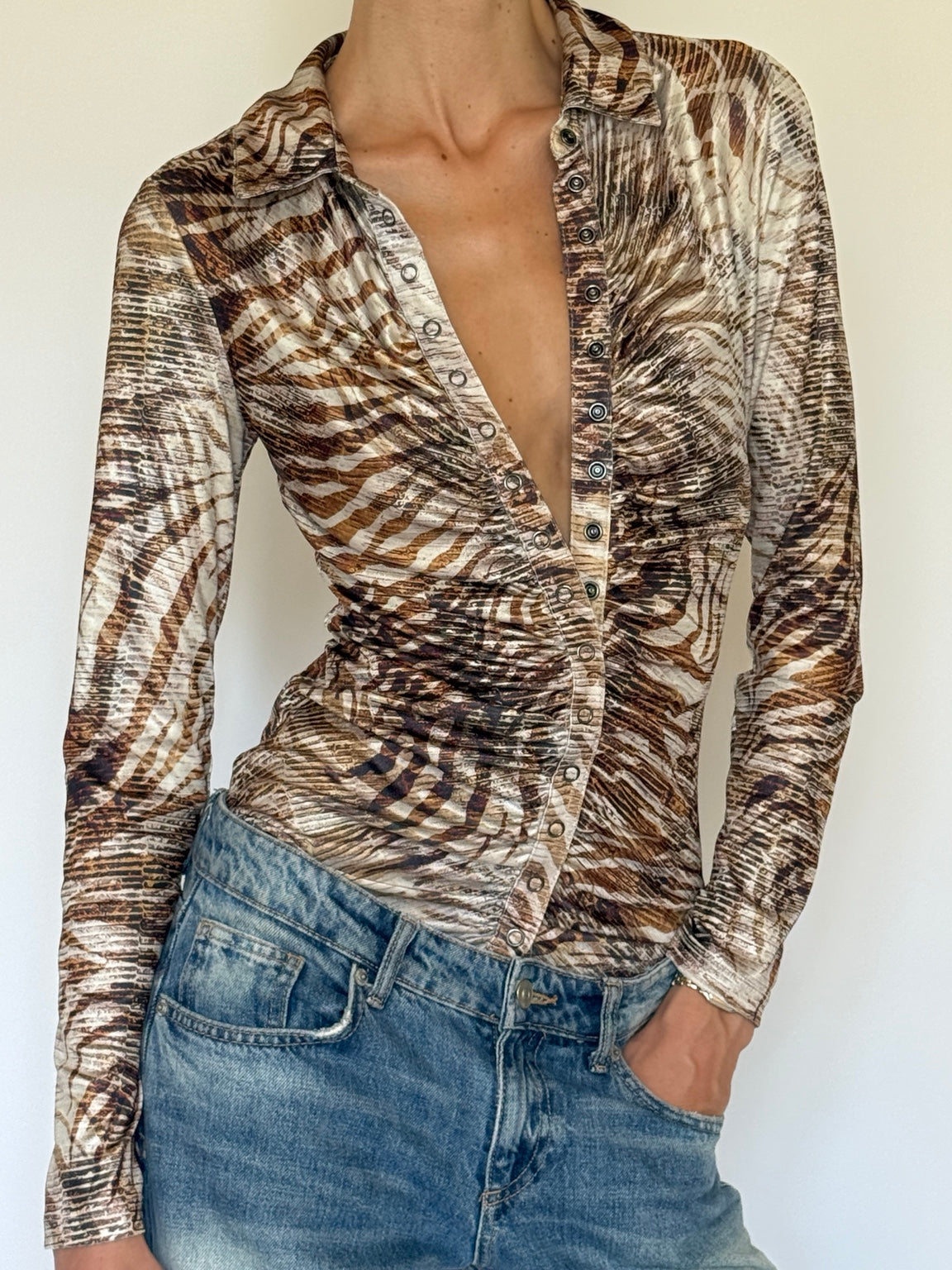 Vintage Guess animal print ruched blouse angled view