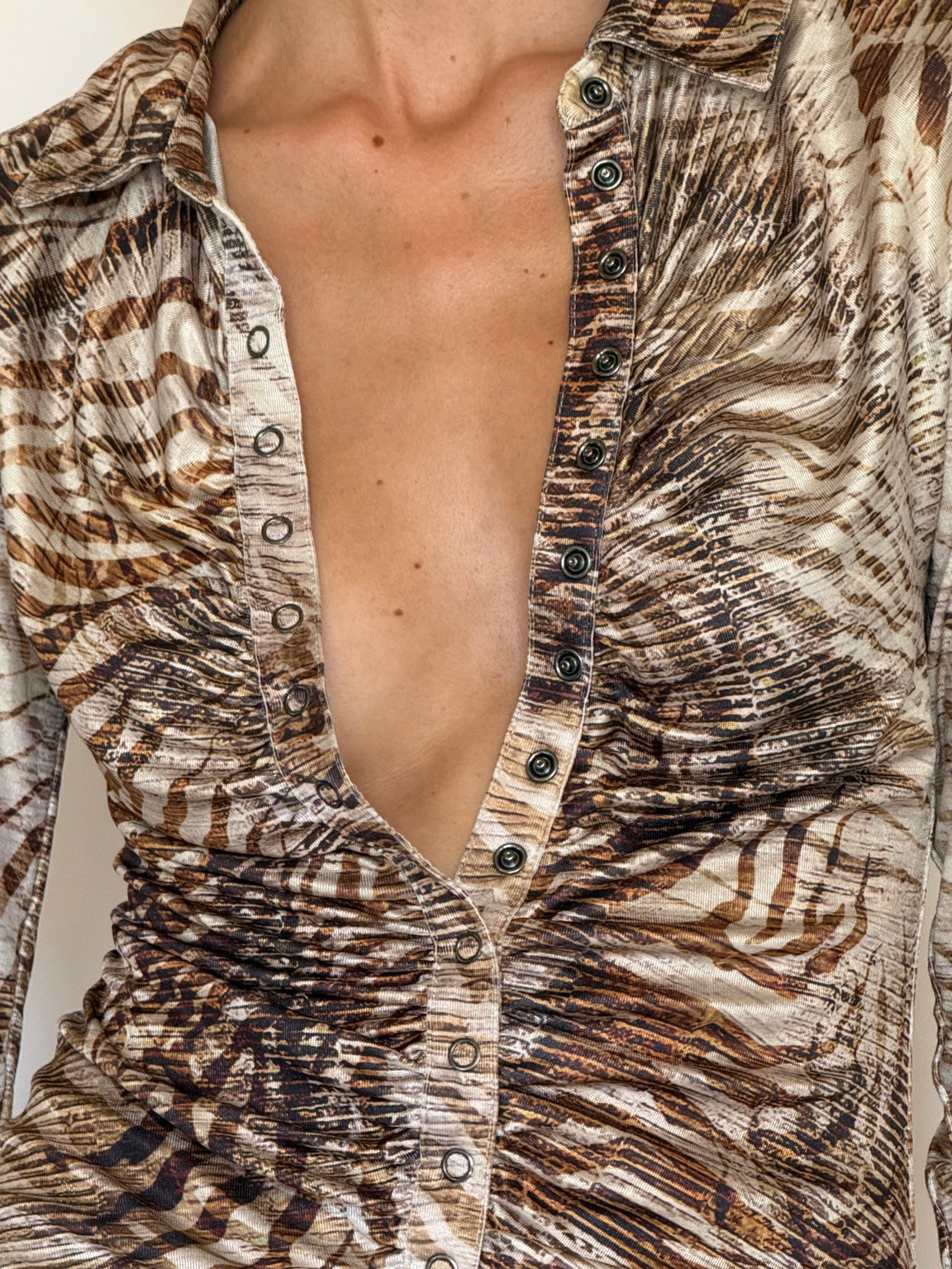 Vintage Guess animal print ruched blouse button detail