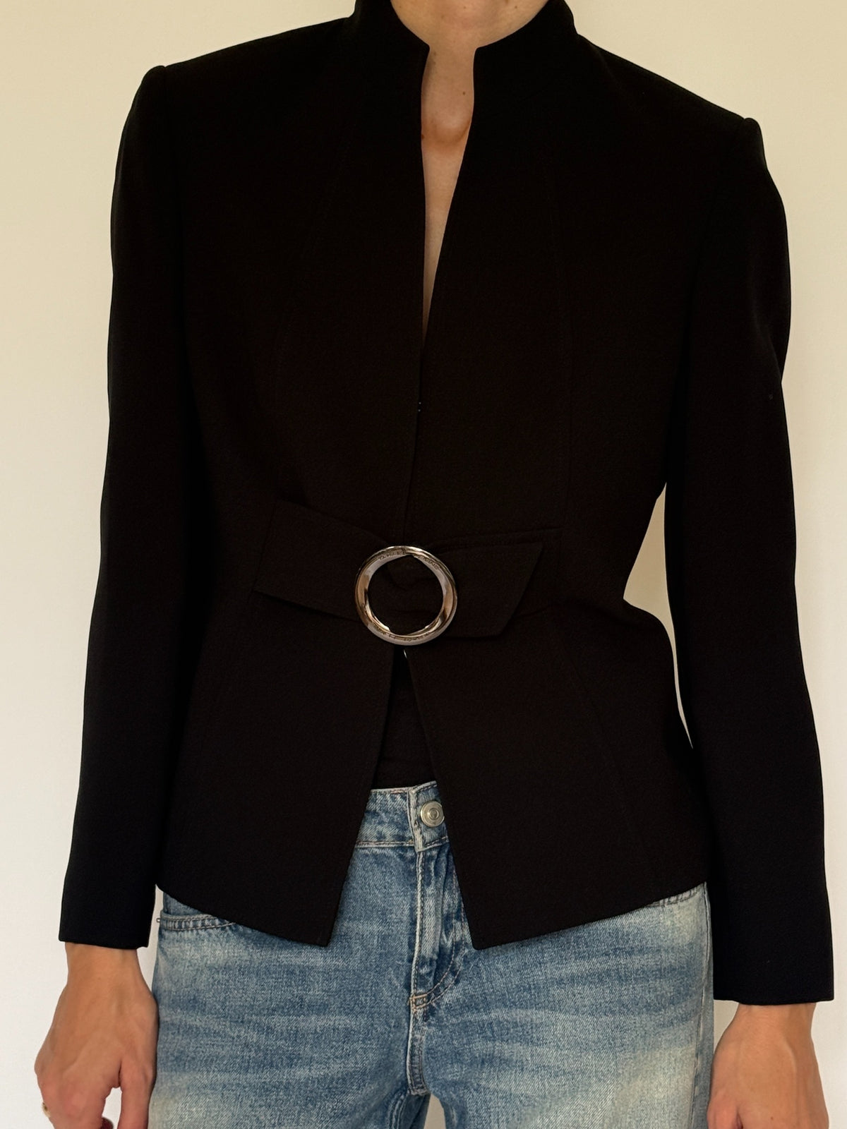 Vintage belted fitted blazer black front view