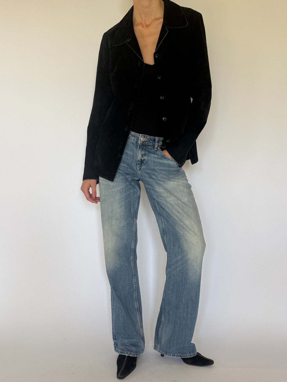 Vintage black suede leather blazer front view