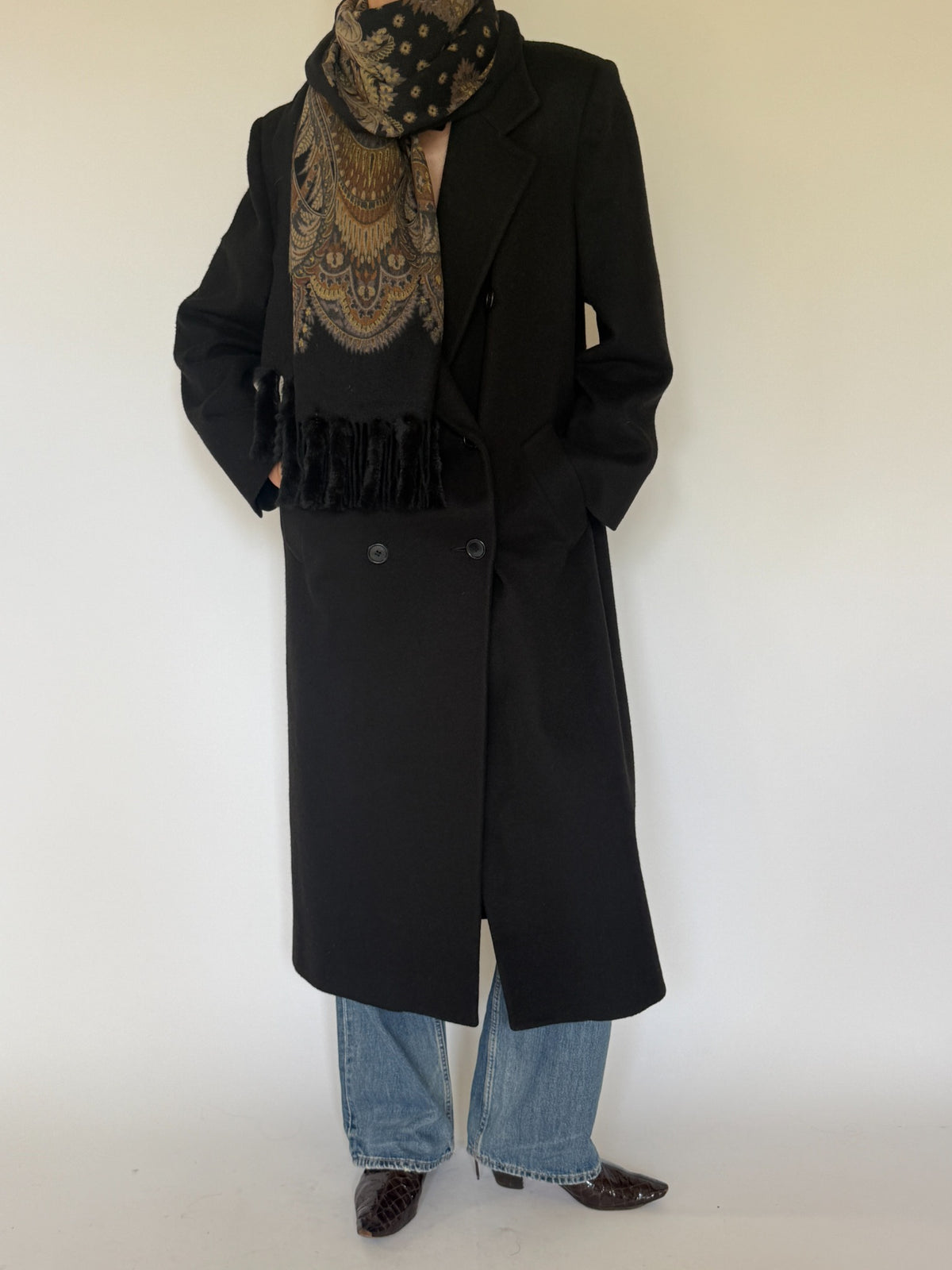 Vintage black wool long coat styled front with scarf