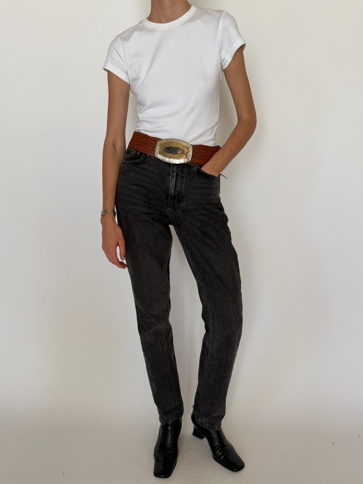 Vintage braided western belt brown front styled view