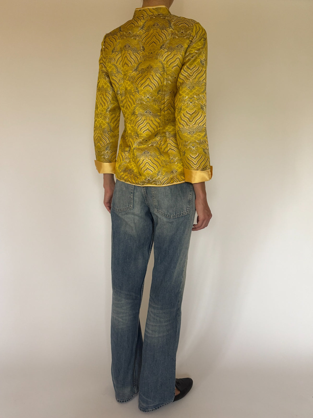 Vintage golden yellow brocade jacket back view