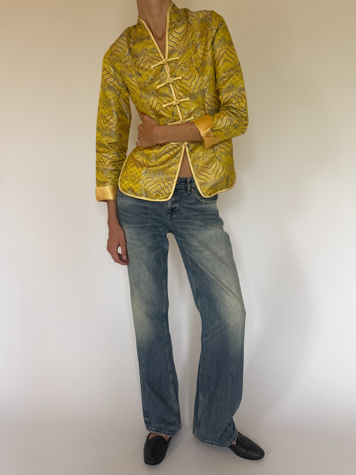 Vintage golden yellow brocade jacket full front styled view
