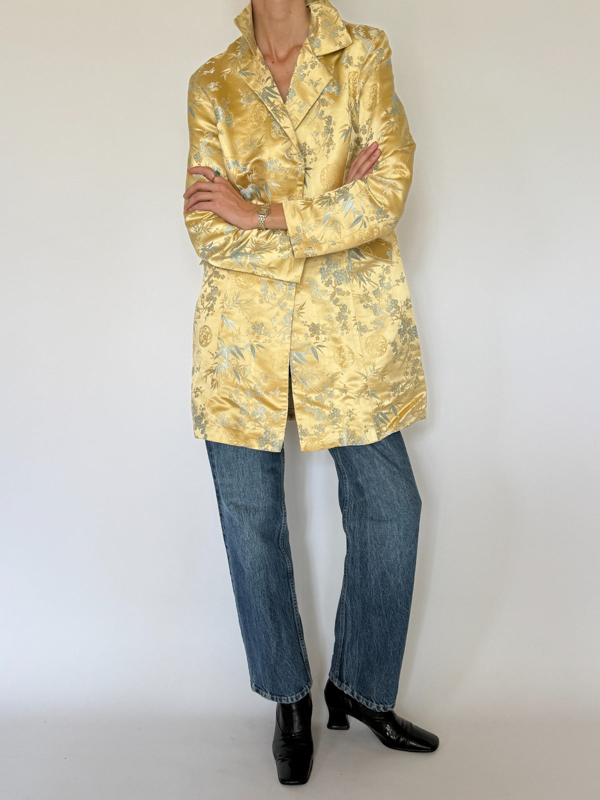 Vintage gold and blue brocade longline blazer front view