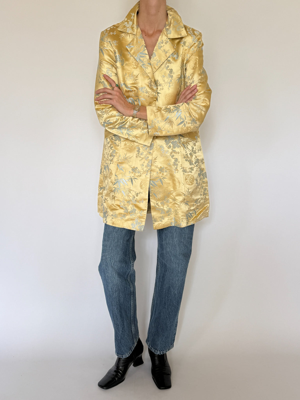 Vintage gold and blue brocade longline blazer side view