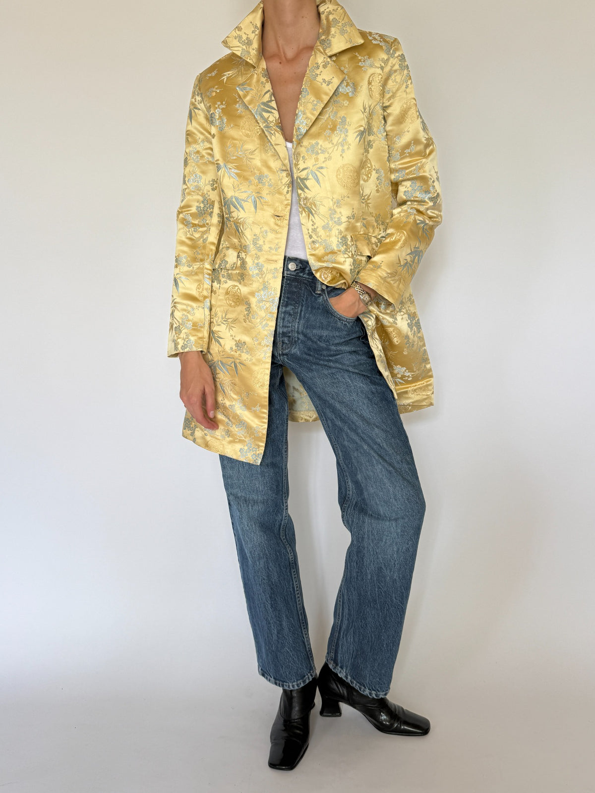 Vintage gold and blue brocade longline blazer open front view