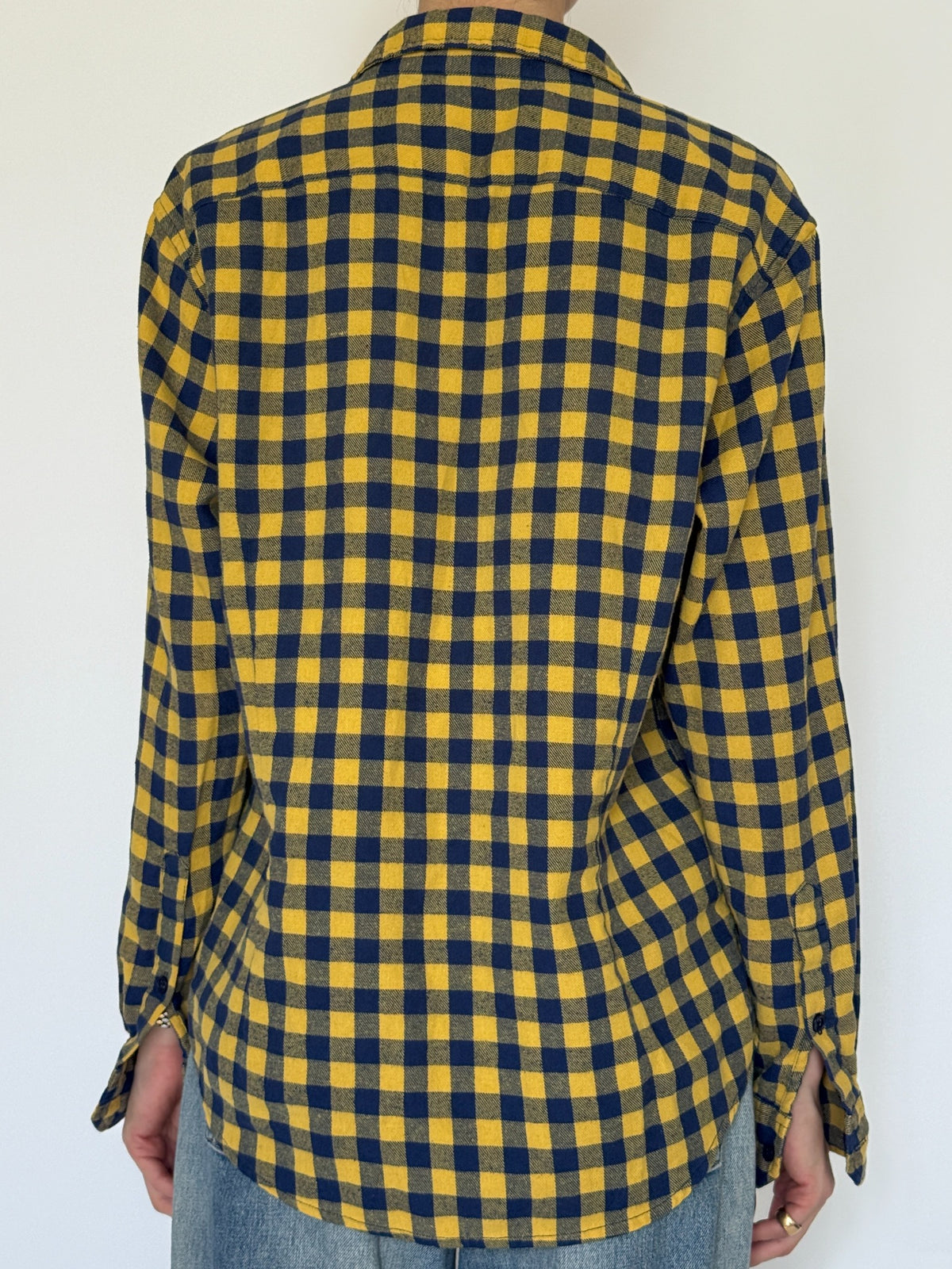Vintage yellow and navy check flannel shirt back view