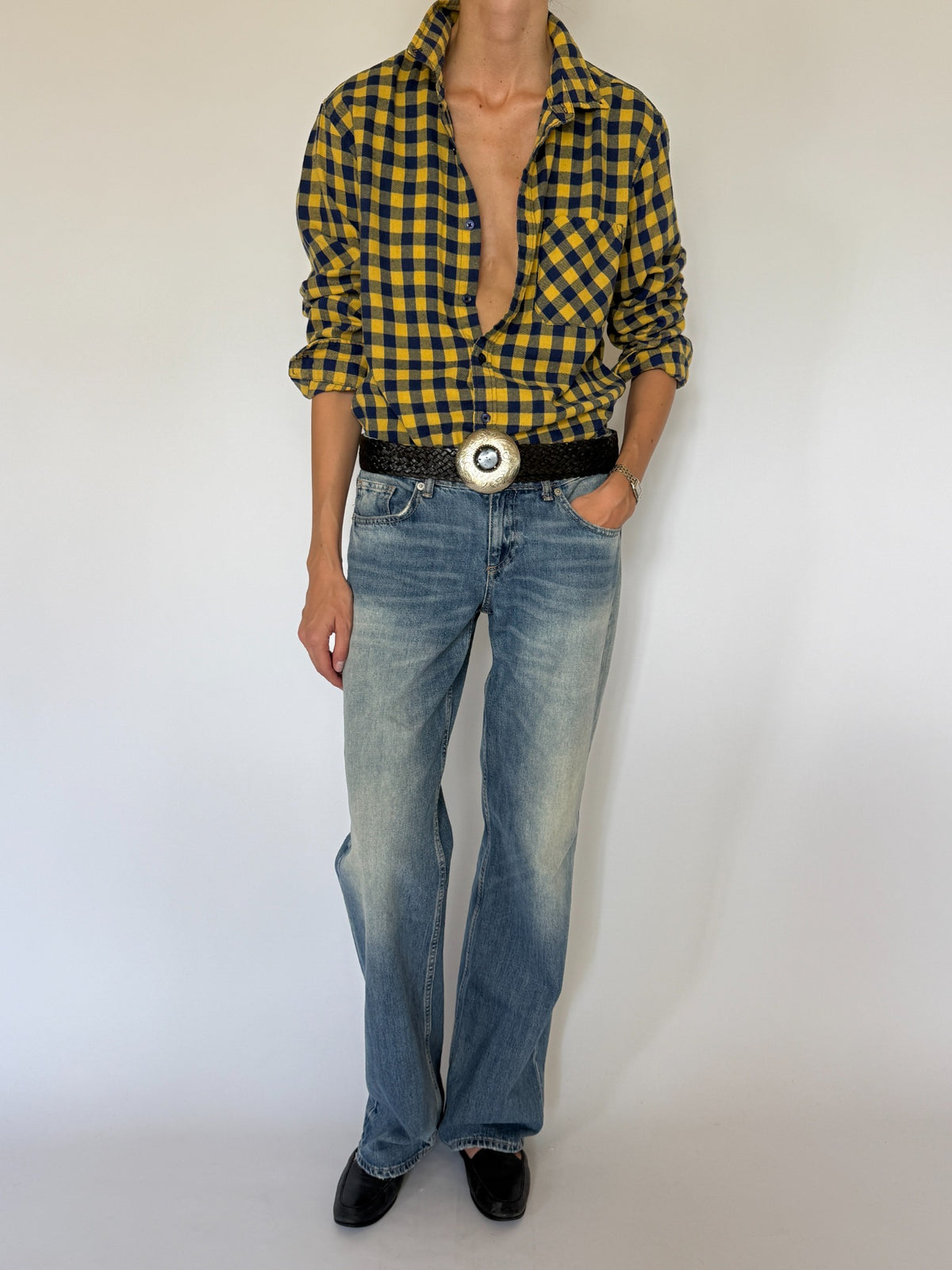 Vintage yellow and navy check flannel shirt front view