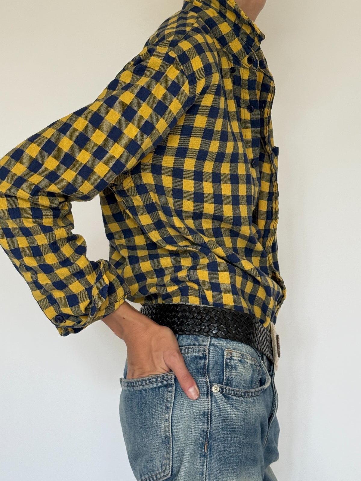 Vintage yellow and navy check flannel shirt side view