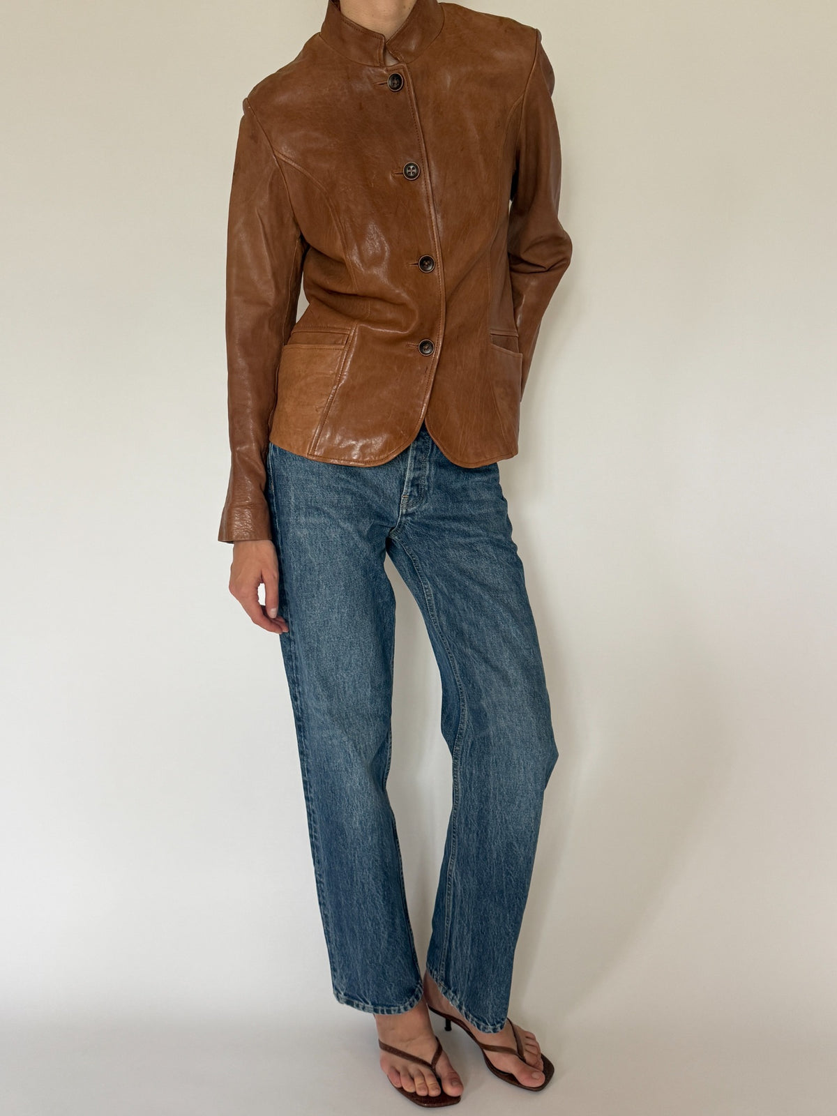 Vintage cognac leather jacket front view