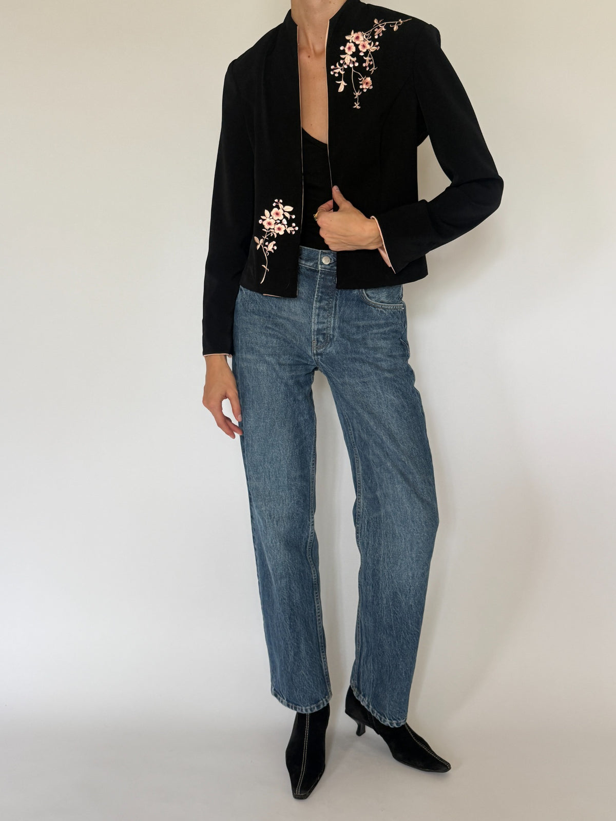 Vintage embroidered open-front jacket black piping detail