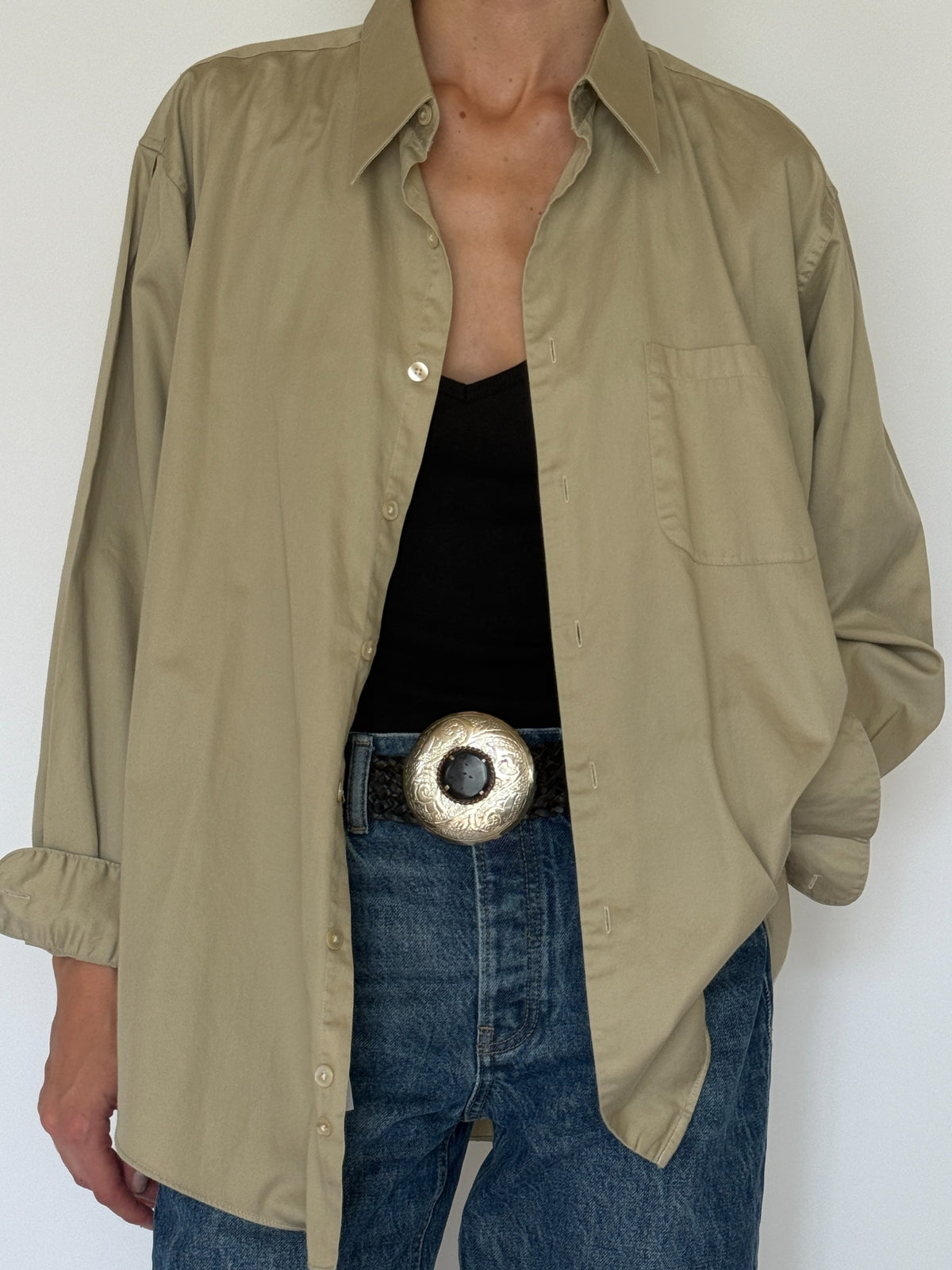 Vintage khaki shirt fabric and front button detail