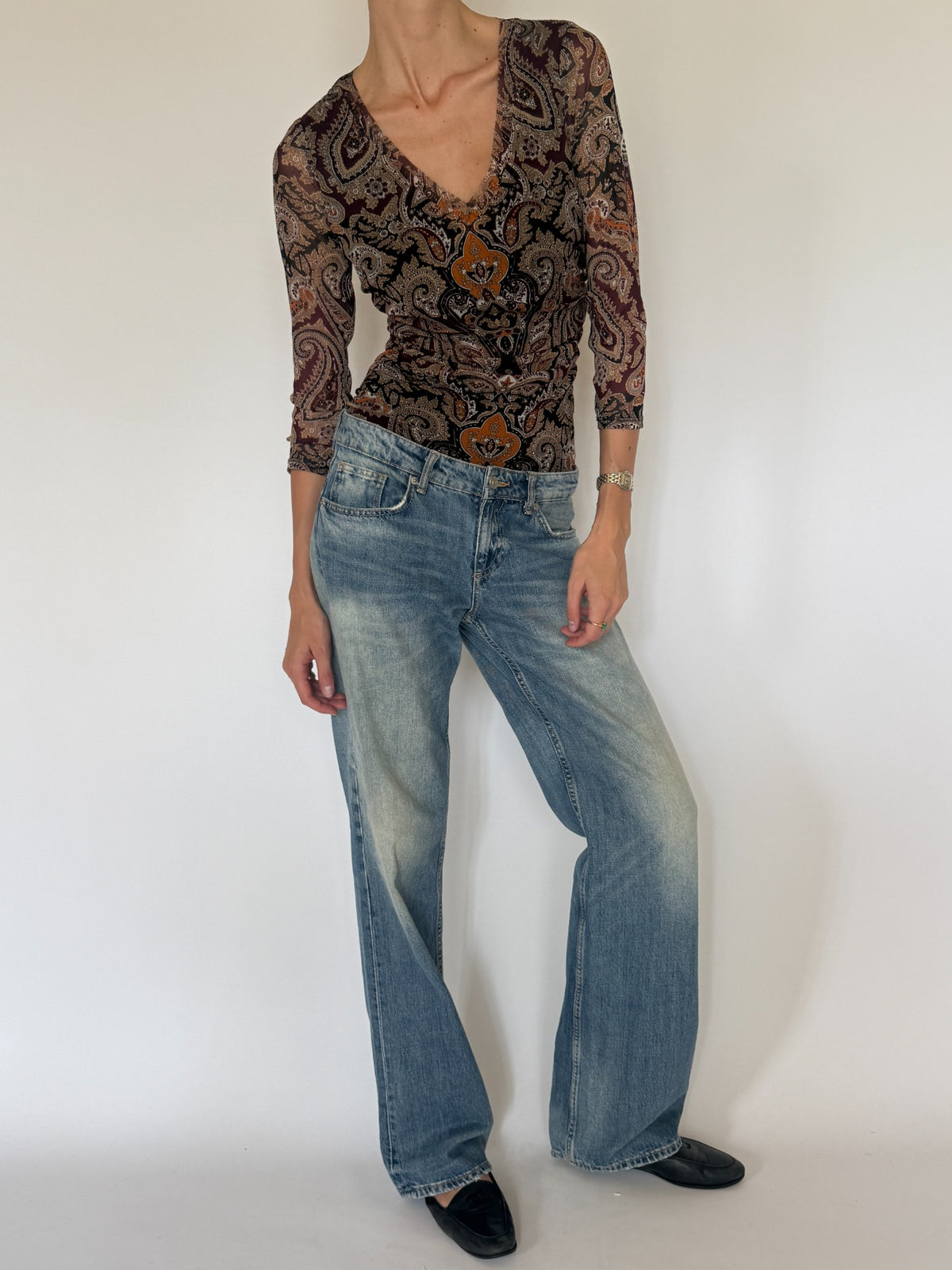 Vintage paisley V-neck top full front styled view with three-quarter sleeves