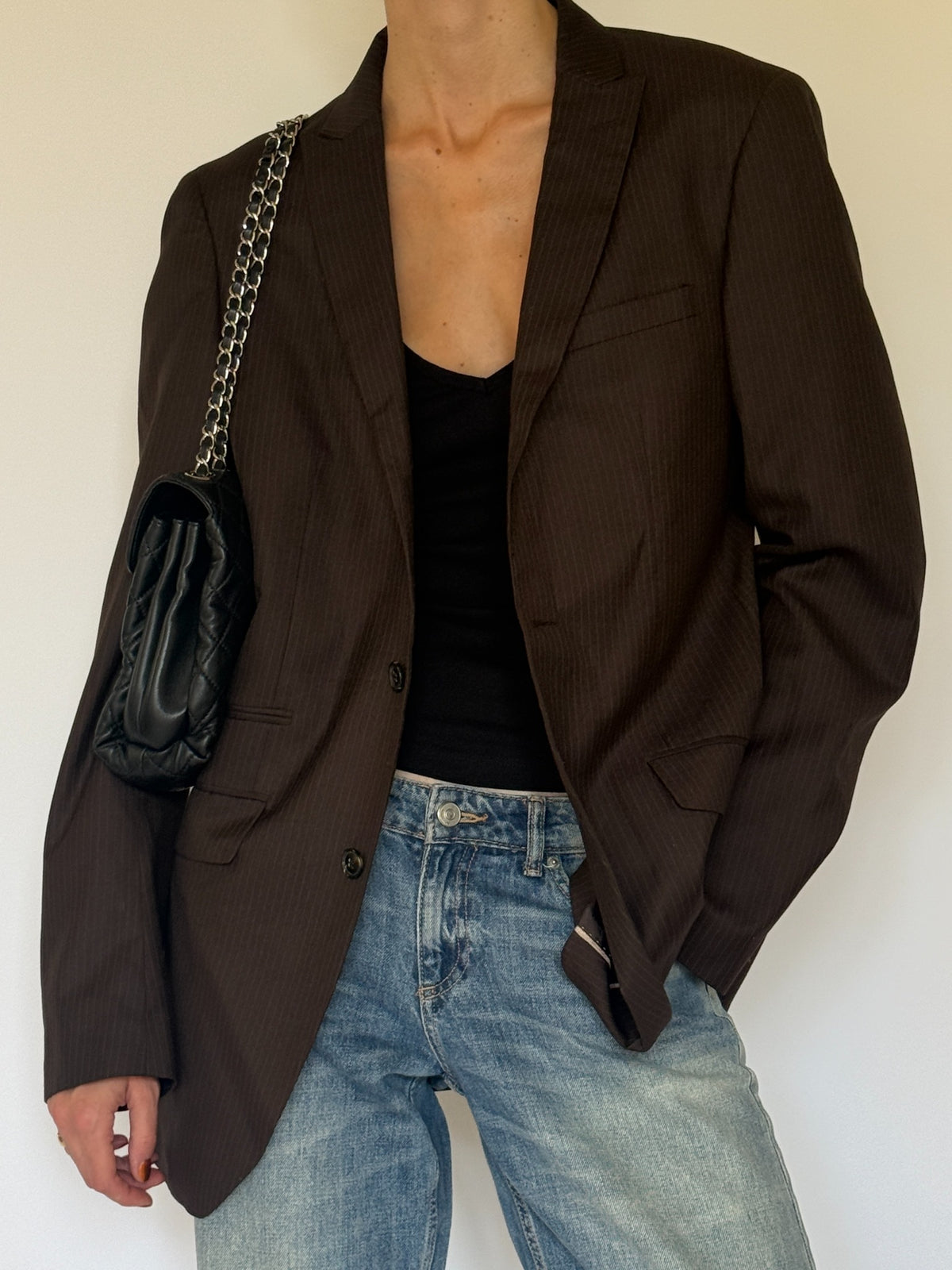 Vintage brown pinstripe blazer final styled angle