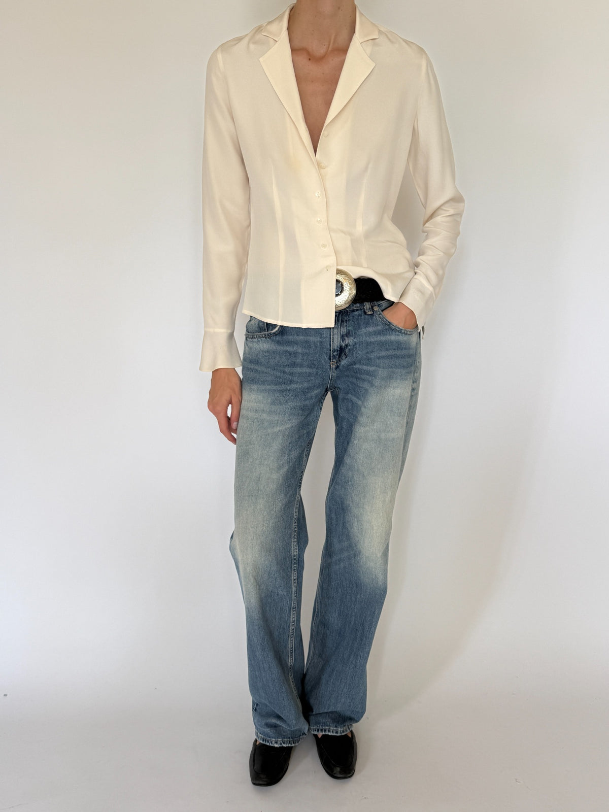 Vintage ivory 100% silk shirt full front view