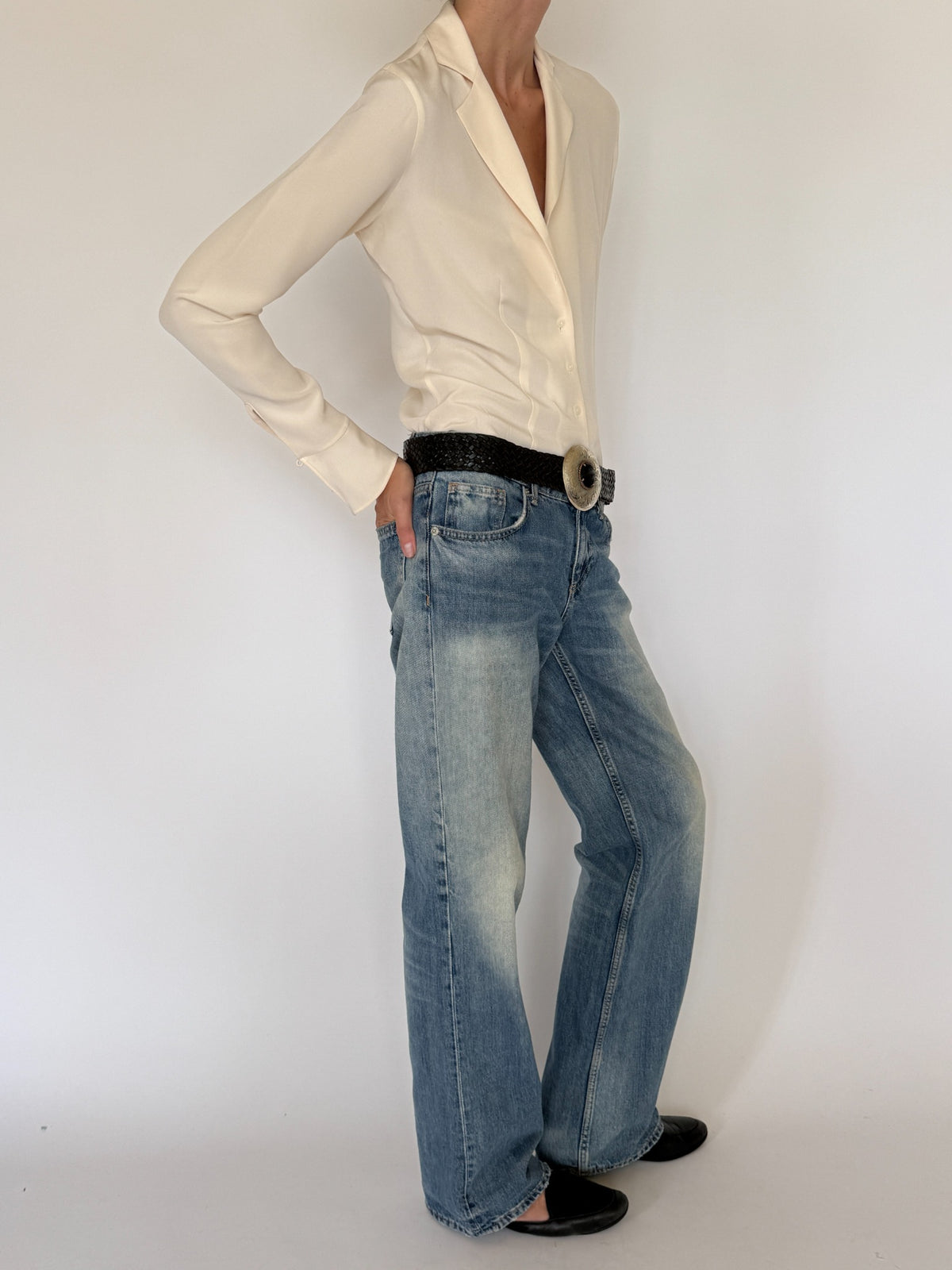Vintage ivory 100% silk shirt side view