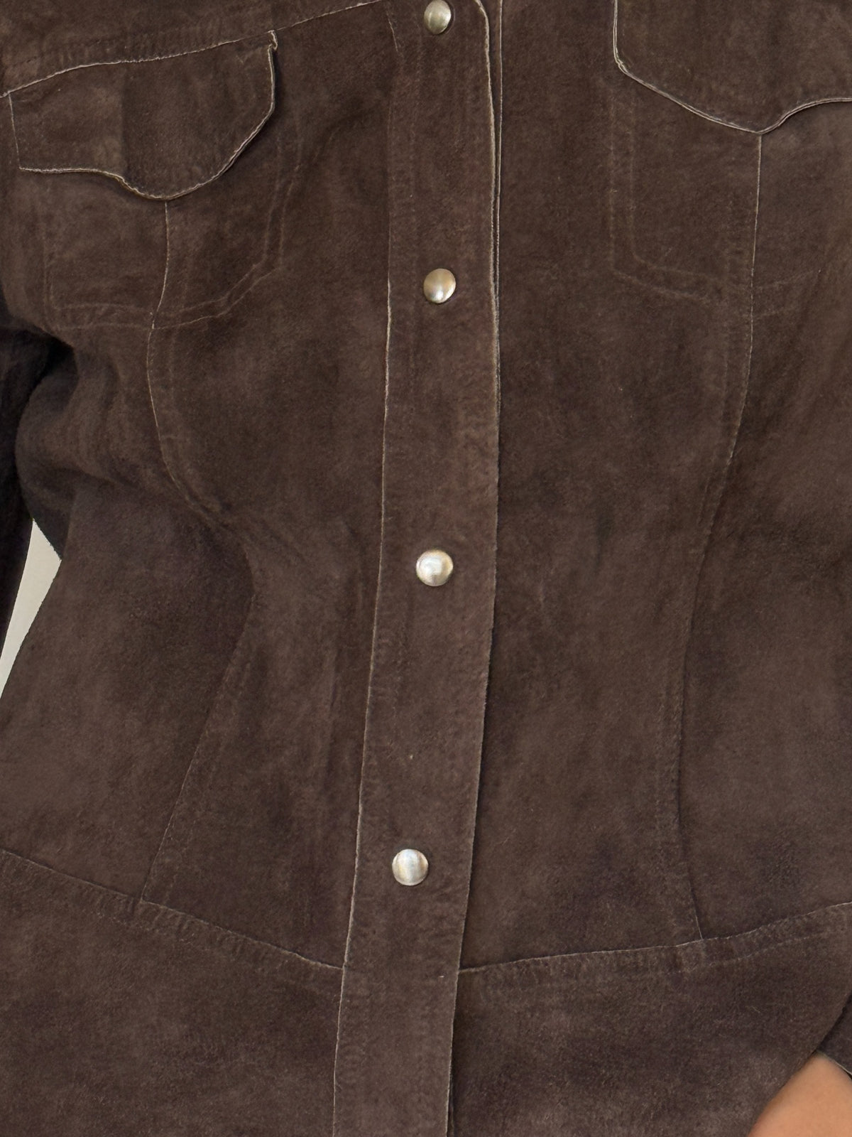 Vintage brown suede jacket snap button detail