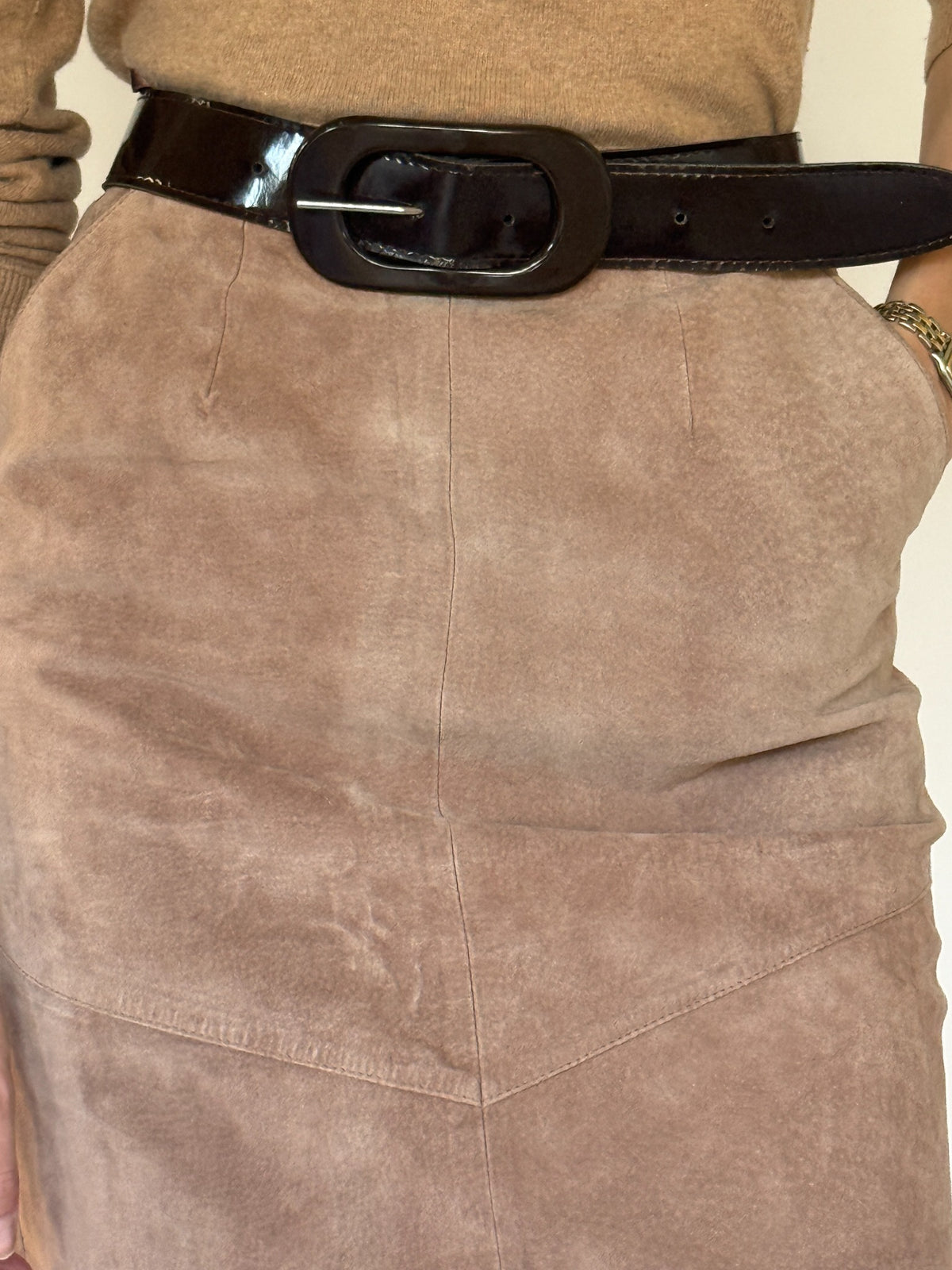 Vintage suede midi skirt waist and seam detail in soft taupe brown