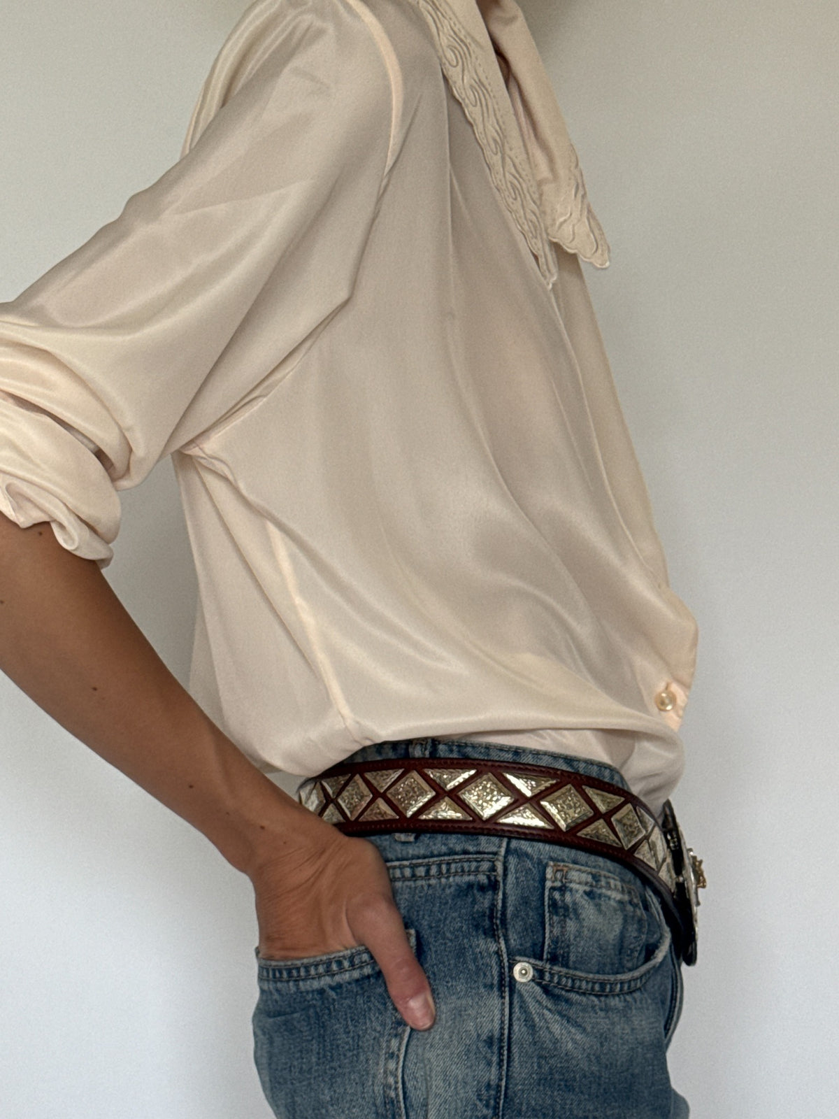 Vintage ivory western-inspired shirt fabric and silhouette detail