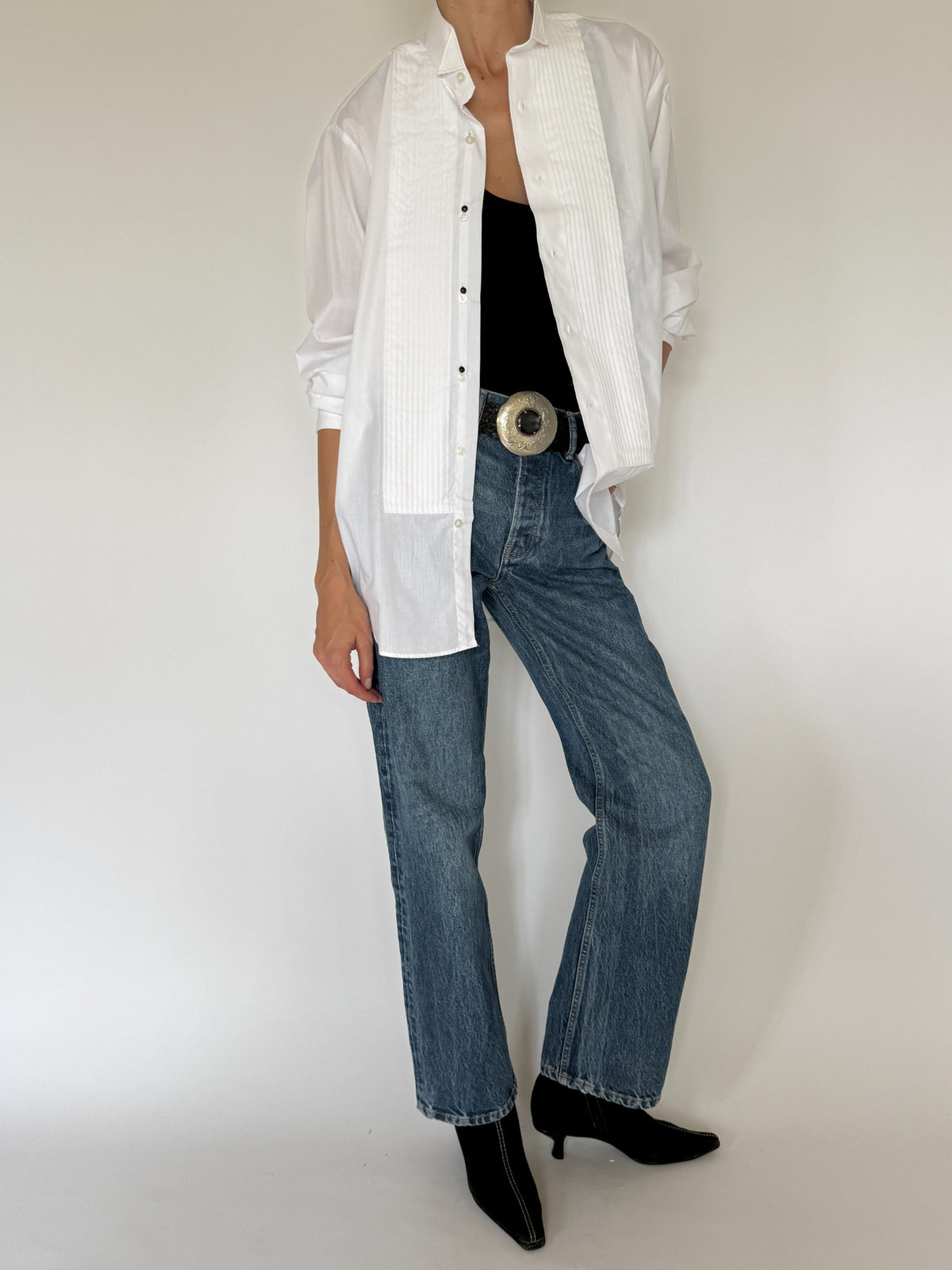 Vintage white tuxedo shirt front view with pleated bib
