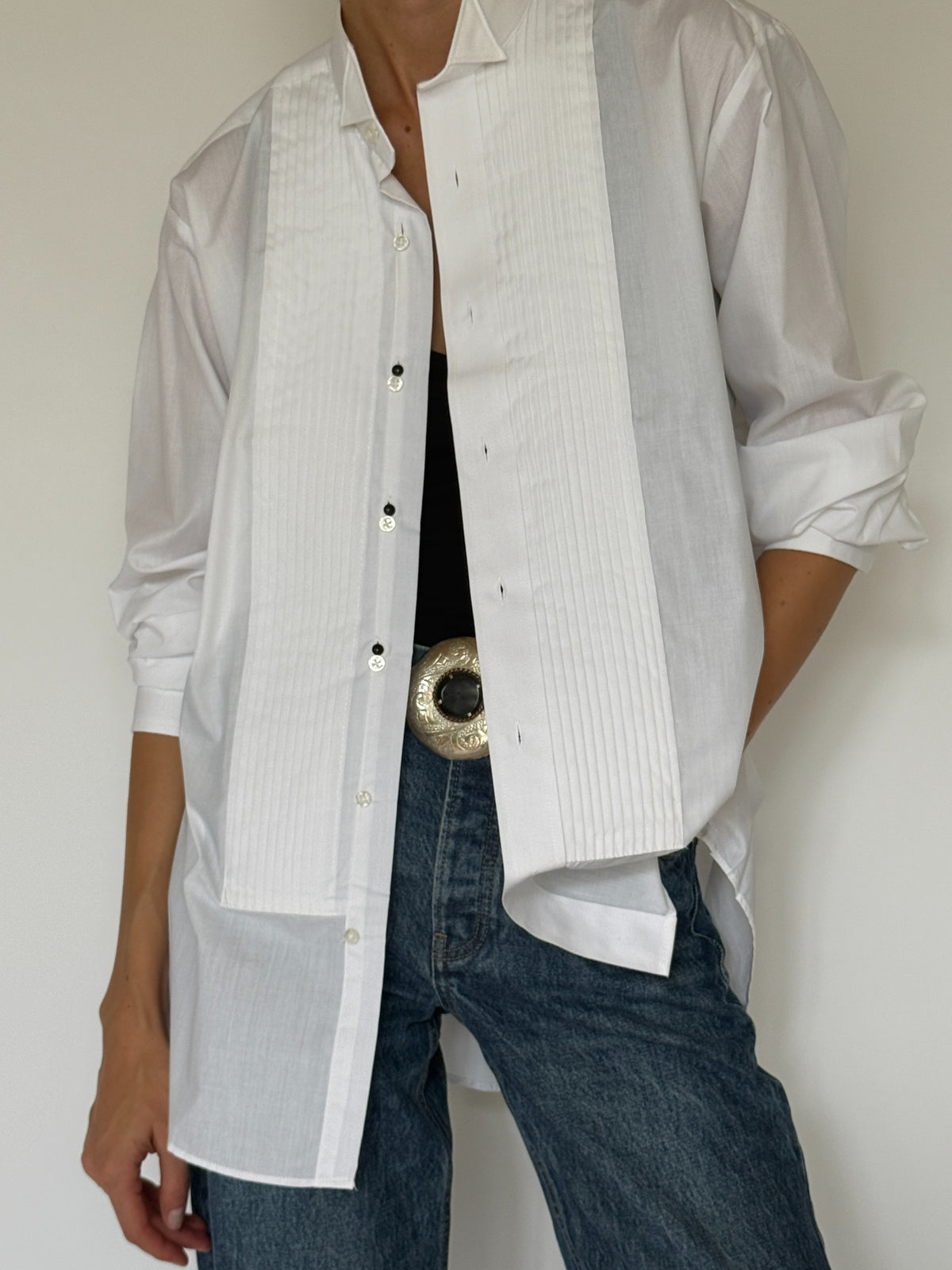 Vintage white tuxedo shirt close front view with pleated bib