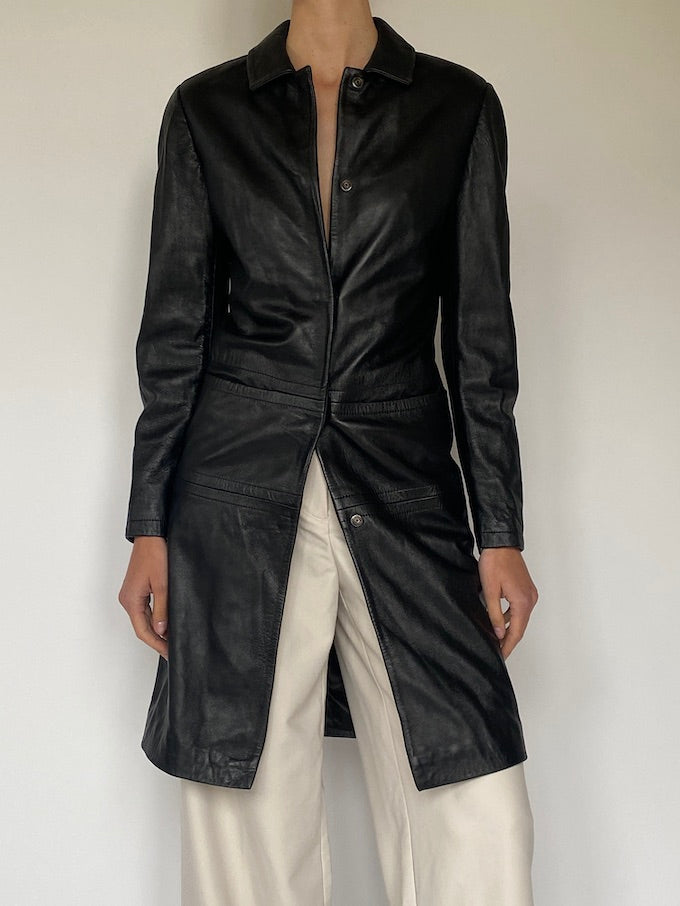 Vintage long leather jacket in black 5627
