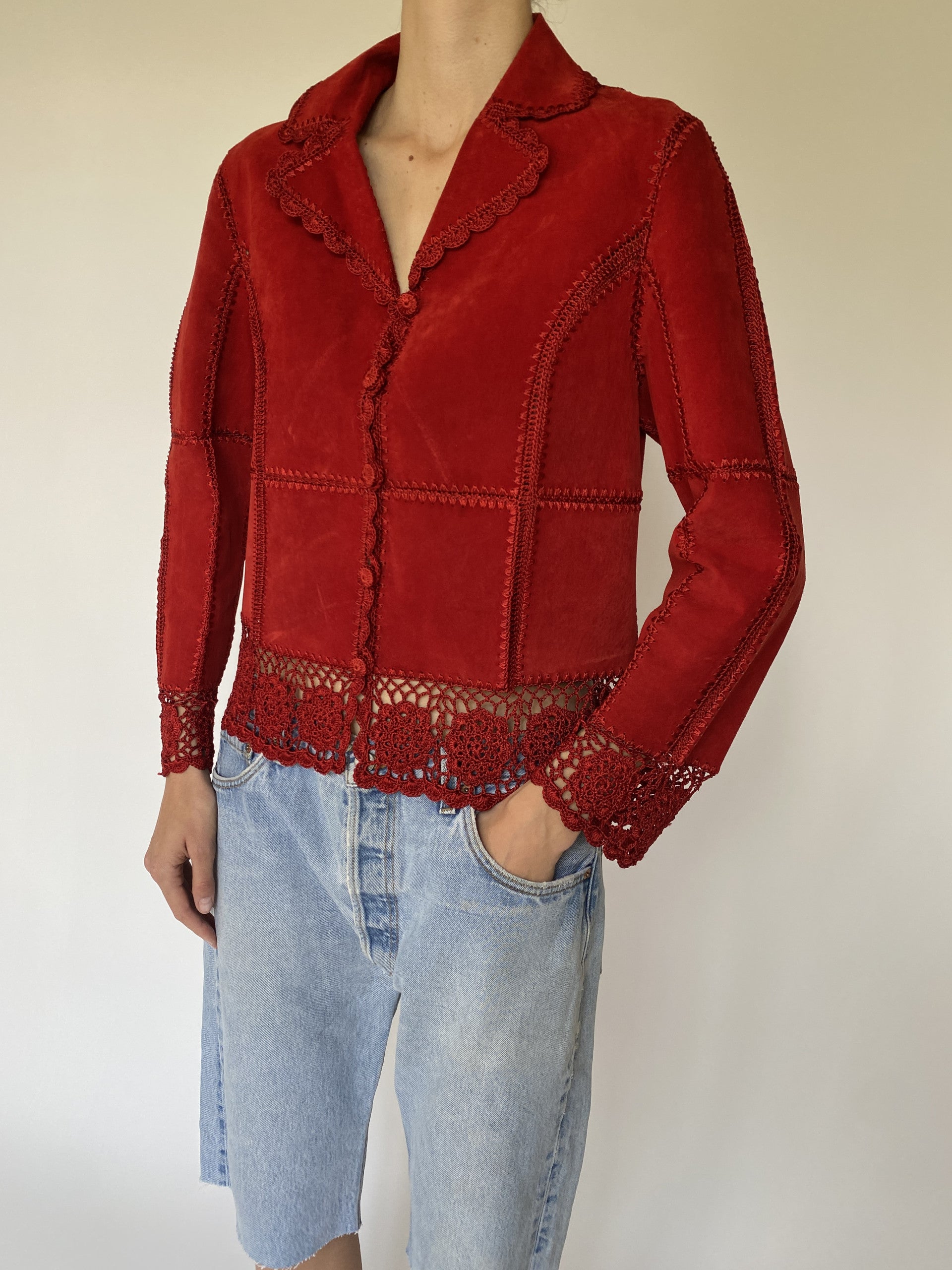 Vintage red suede crochet jacket 0005