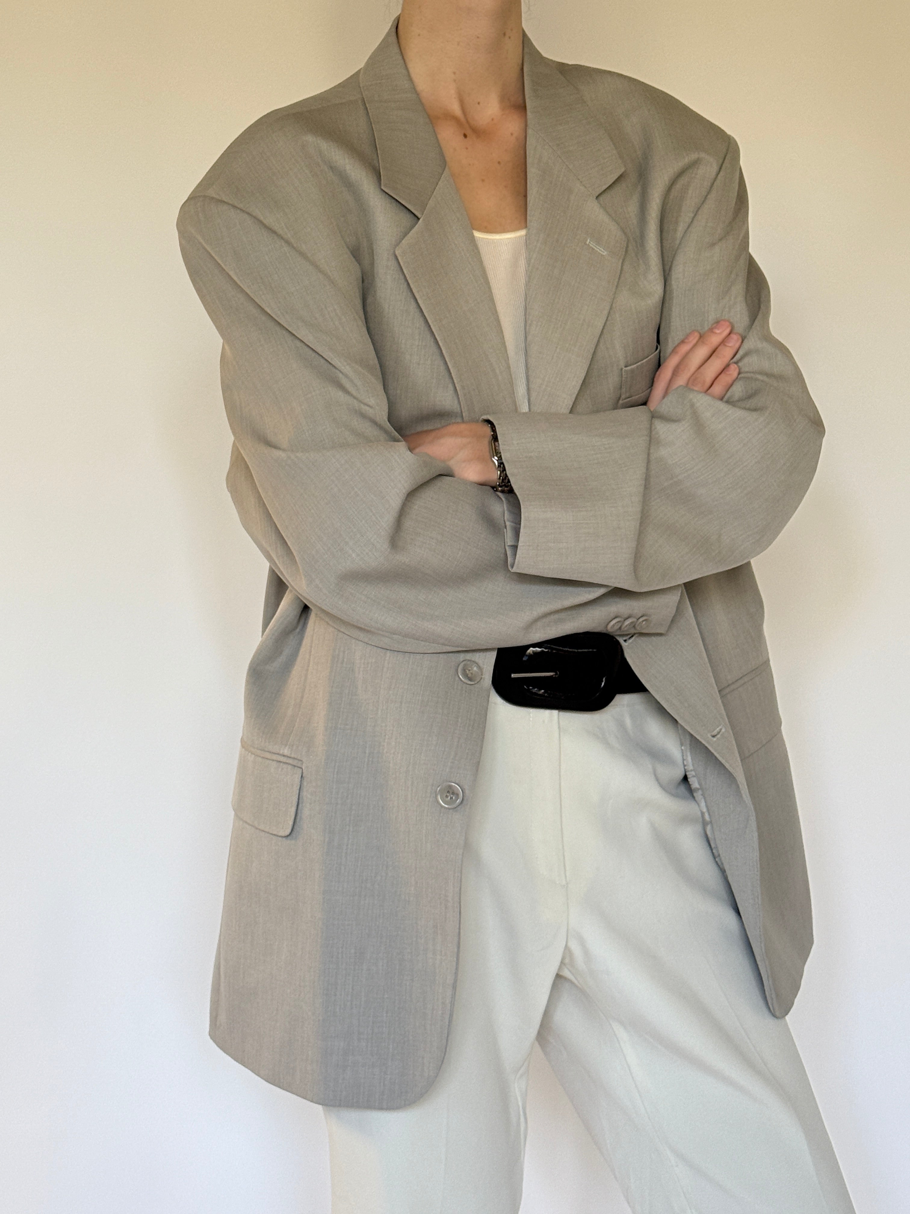 Vintage Oversized Single-Breasted Blazer Beige 7372