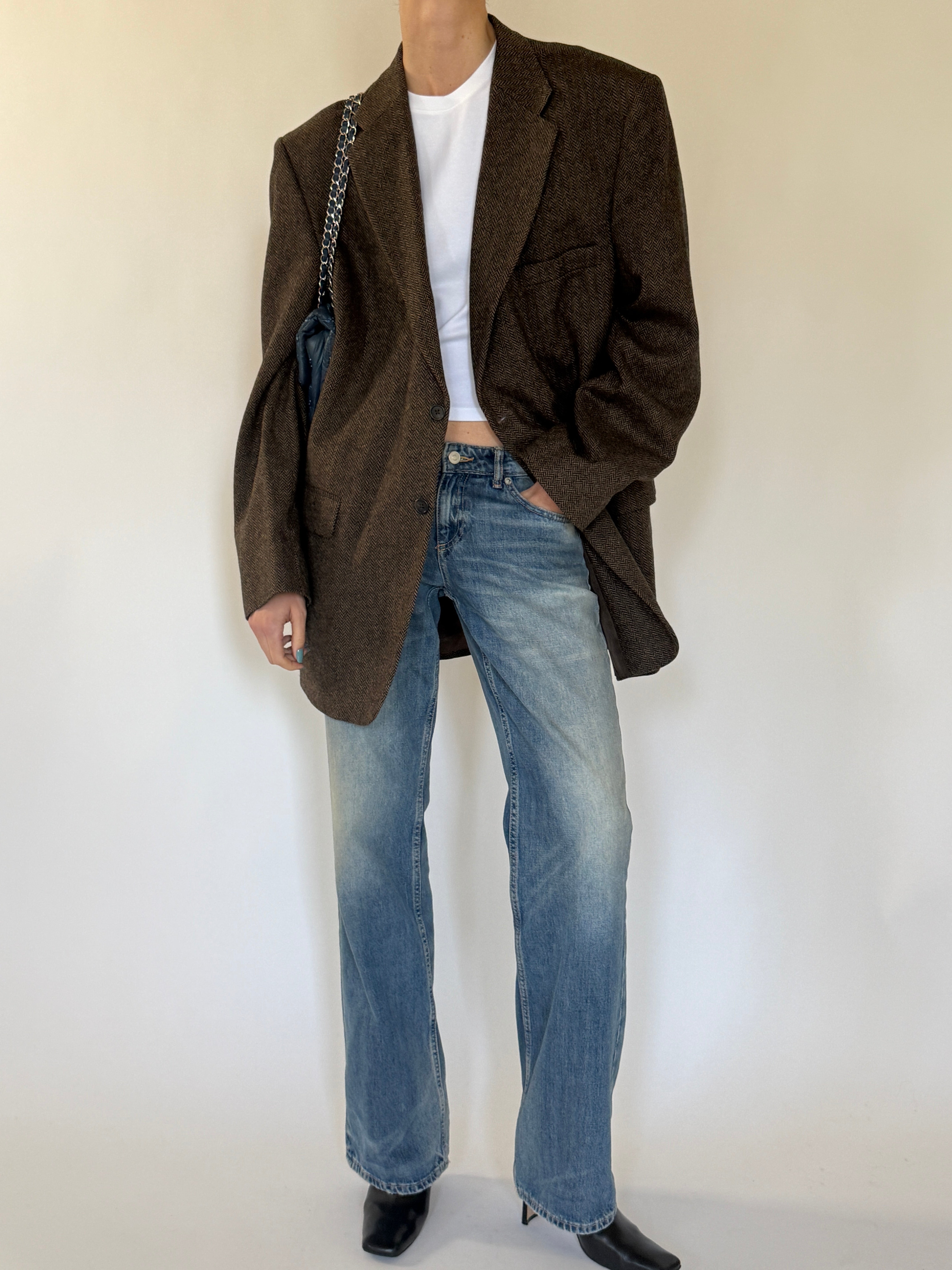 Vintage Oversized Herringbone Wool Blazer Brown 7250