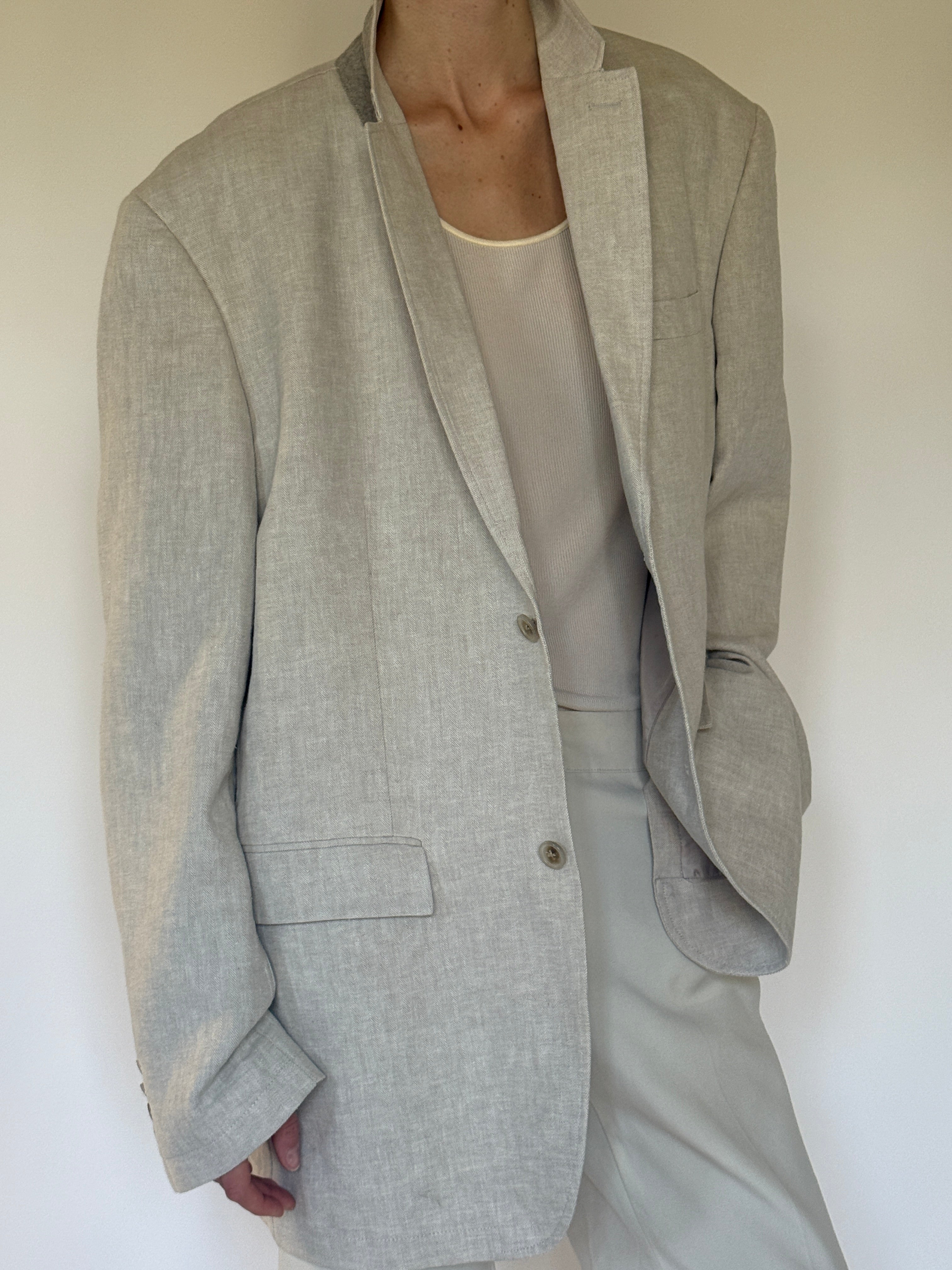 Vintage Linen & Cotton Oversized Blazer in Beige 6601