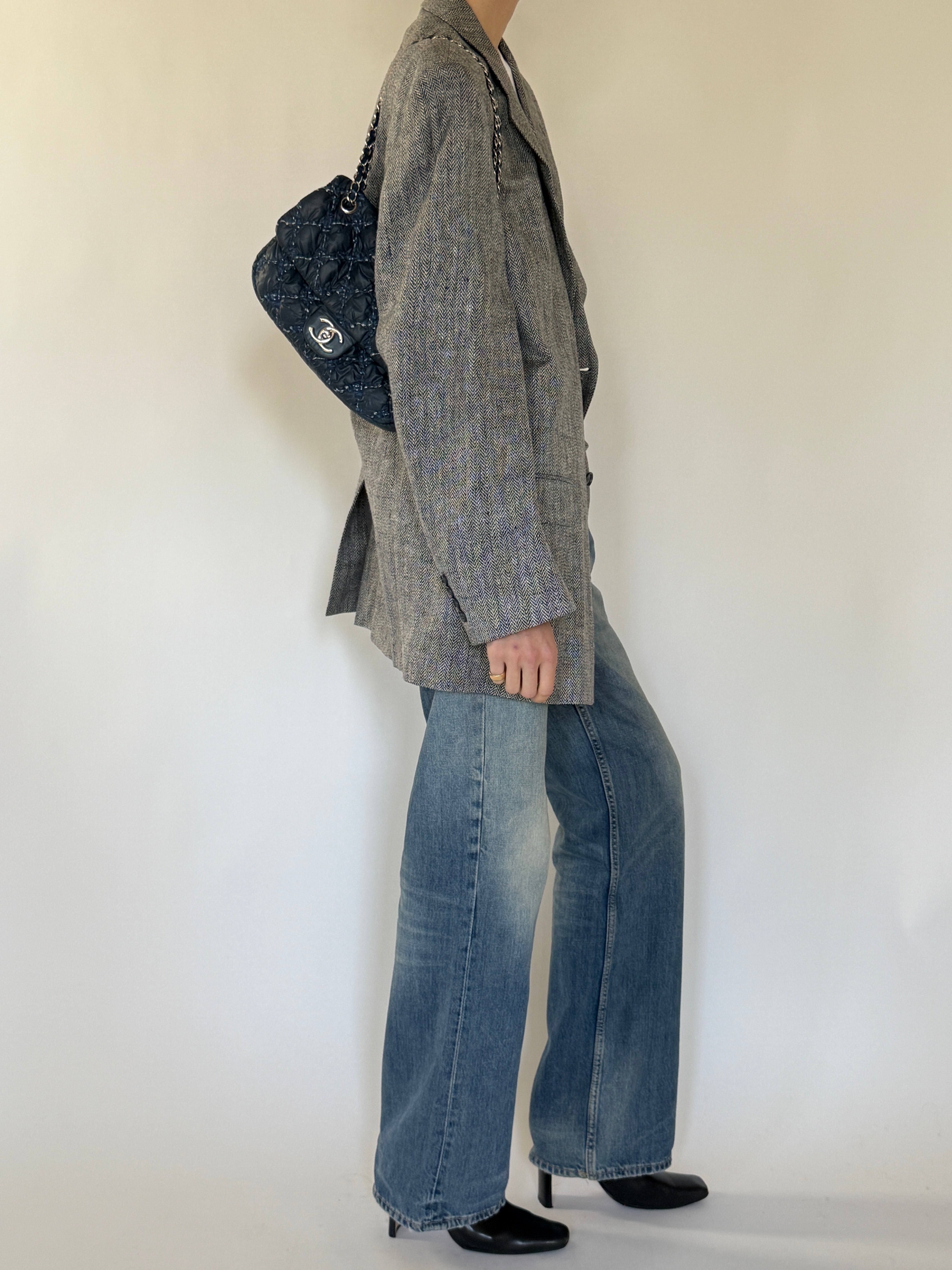 Vintage Herringbone Silk Blazer Grey 7137