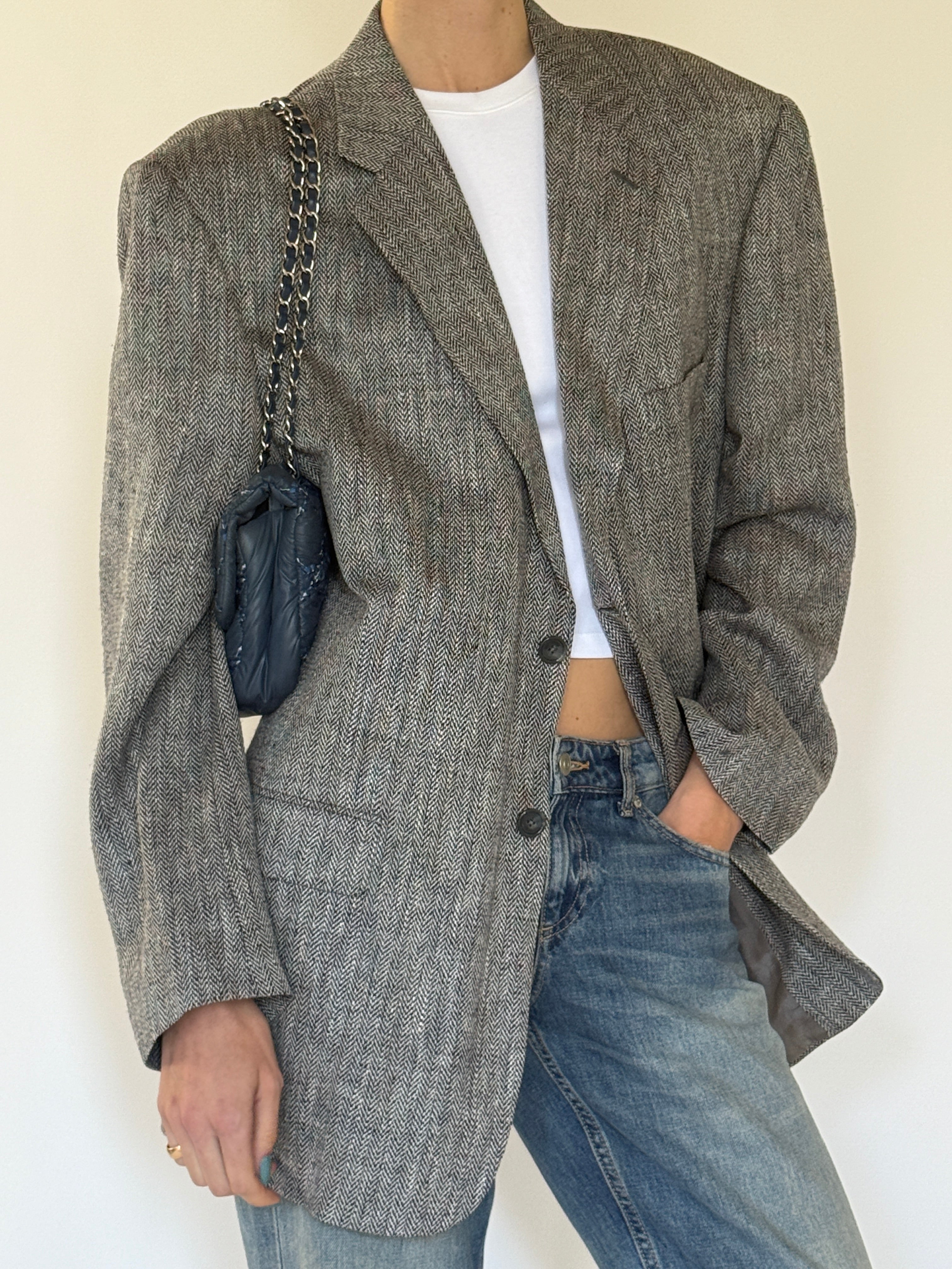 Vintage Herringbone Silk Blazer Grey 7137