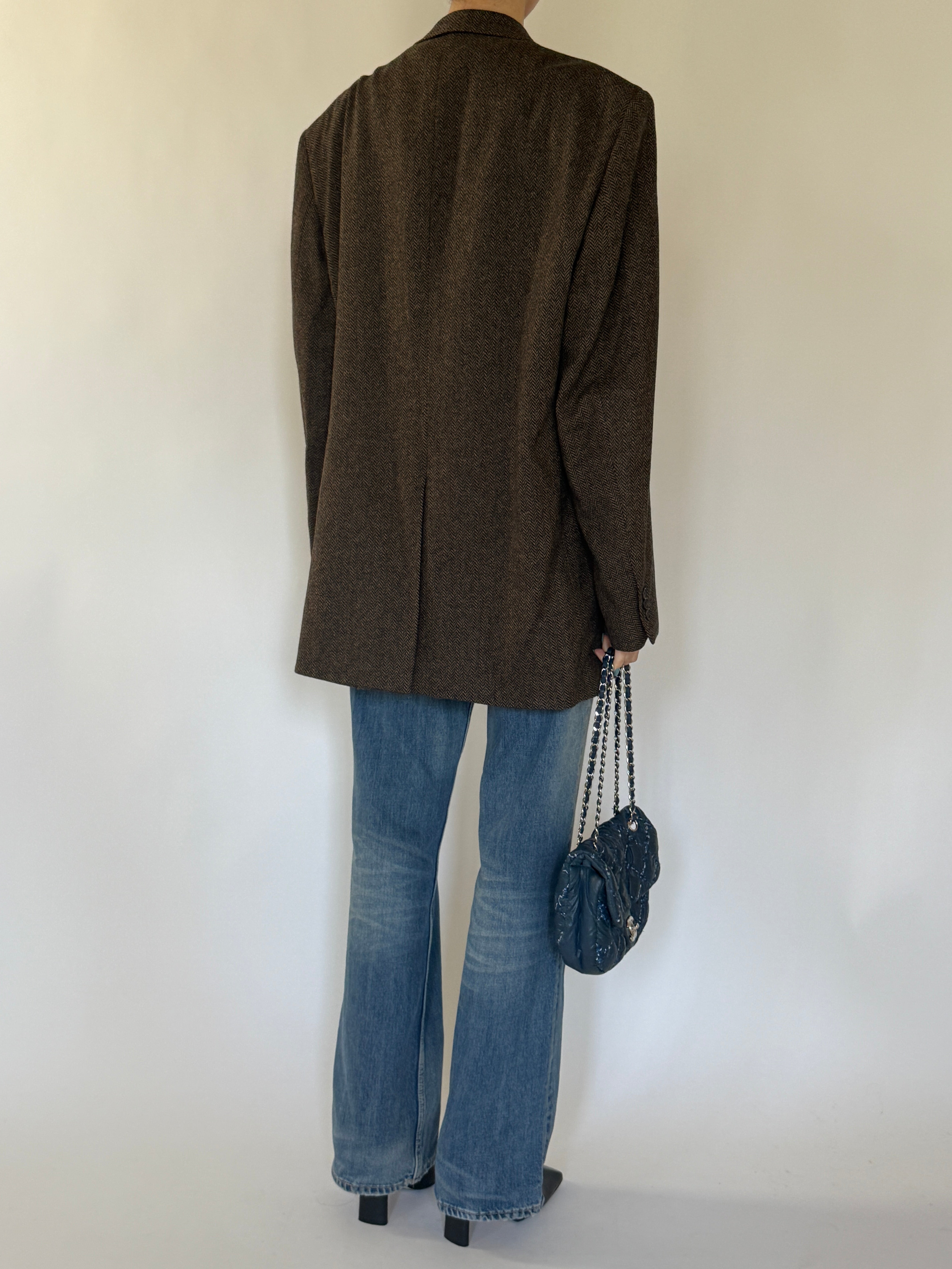 Vintage Oversized Herringbone Wool Blazer Brown 7250