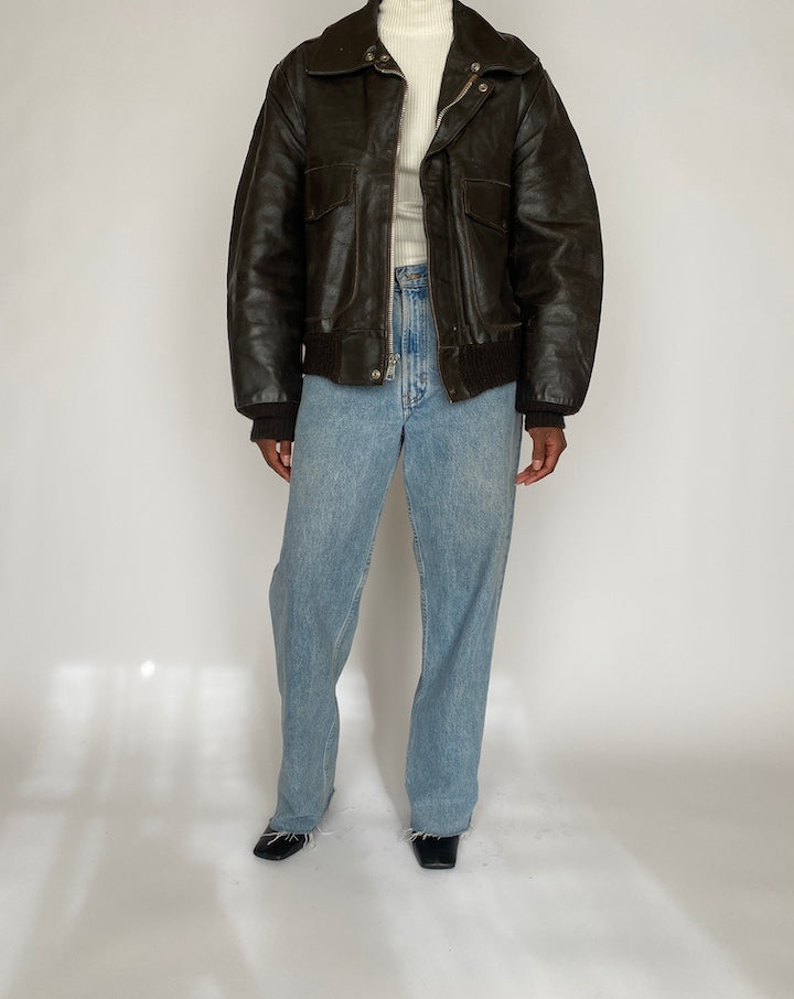 VINTAGE DARK BROWN BOMBER-LIKE LEATHER JACKET 4436