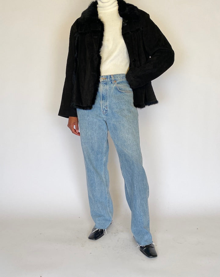 VINTAGE BLACK LEATHER JACKET WITH FUR LINING 4485