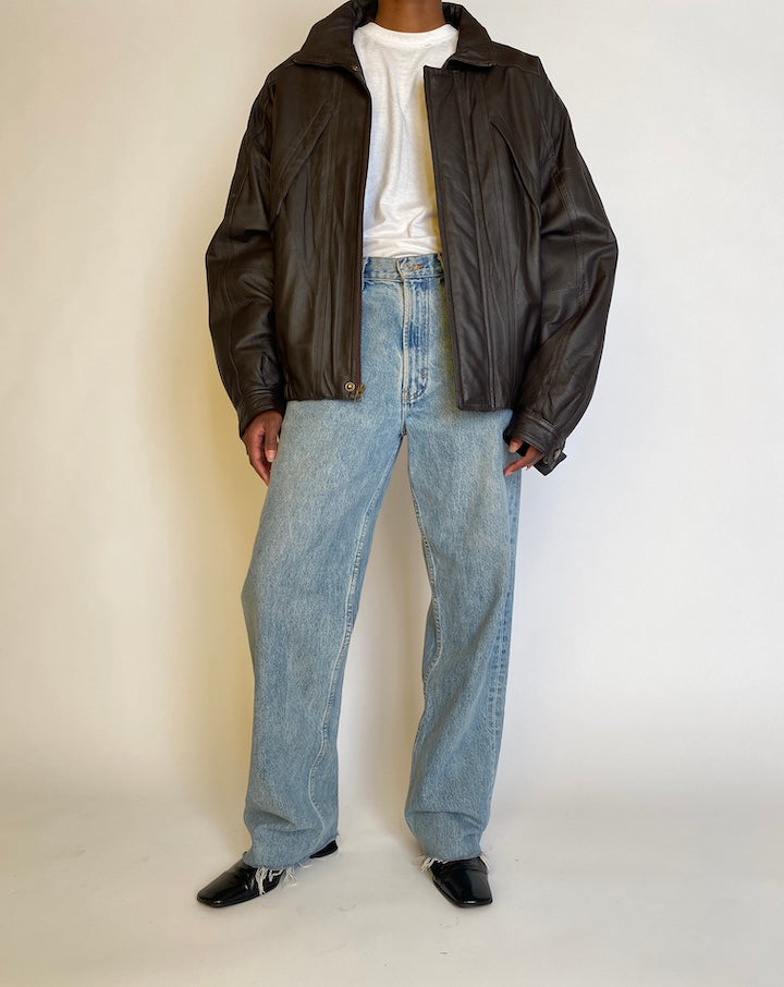 VINTAGE OVERSIZED DARK BROWN BOMBER-LIKE LEATHER JACKET  4515