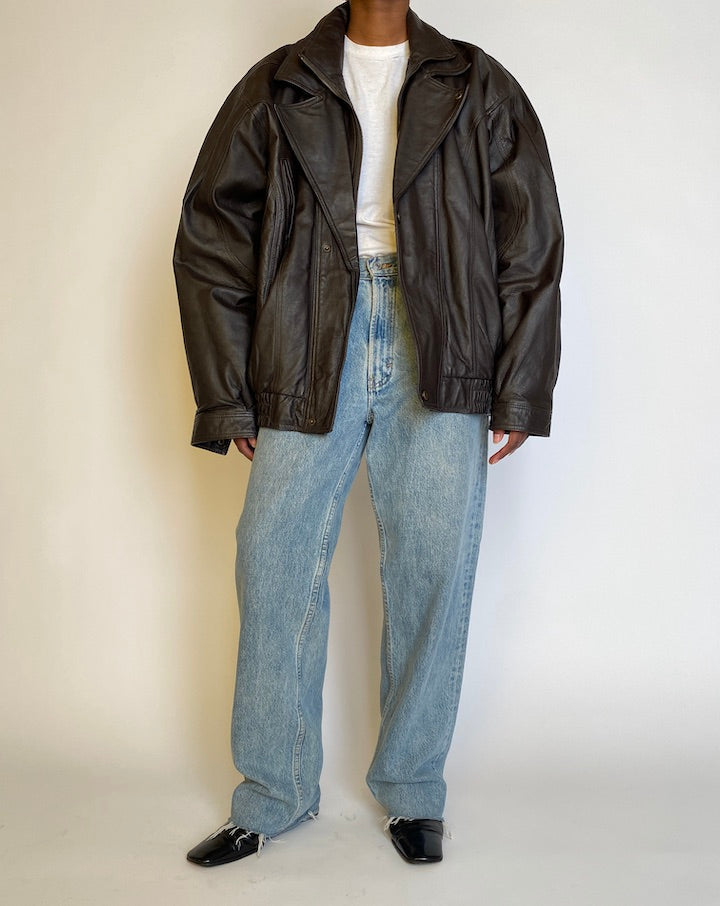 VINTAGE OVERSIZED DARK BROWN BOMBER-LIKE LEATHER JACKET 4520