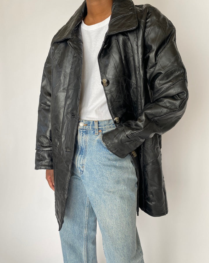 VINTAGE OVERSIZED BLACK TEXTURED LEATHER JACKET 4615