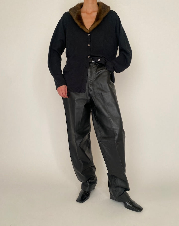 Vintage Black Cardigan with Faux Fur Collar 4638