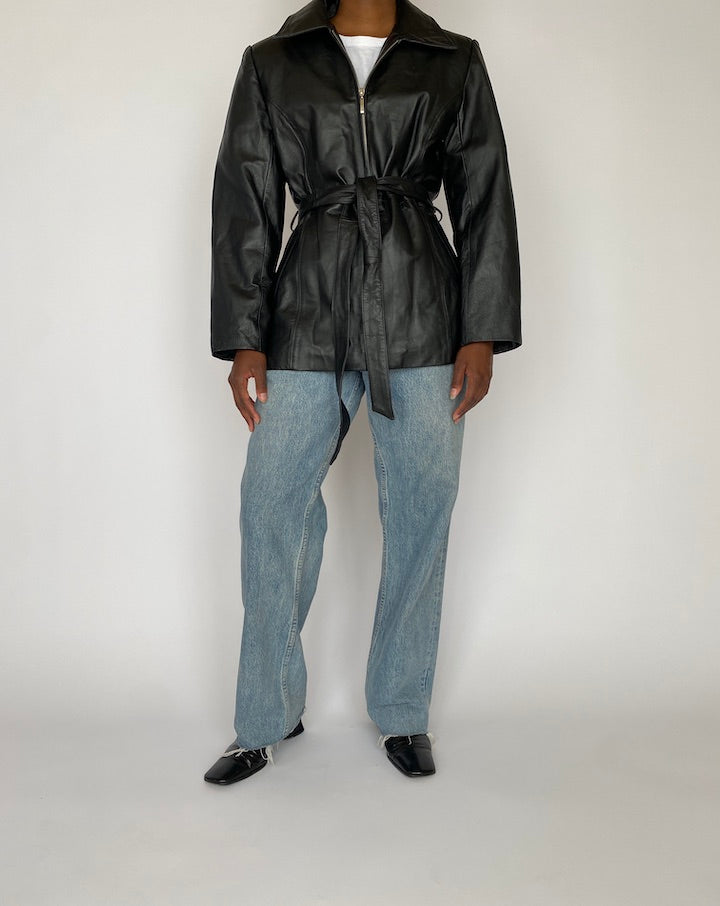 Vintage Black Short Leather Trench Jacket 4700