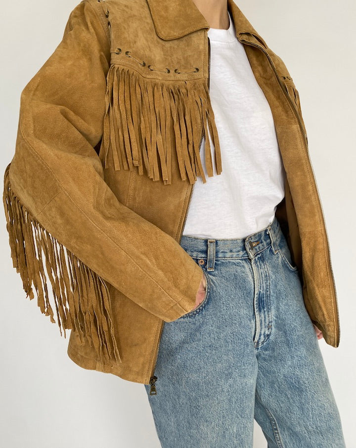VINTAGE HONEY BROWN FRINGE SUEDE LEATHER JACKET 4785