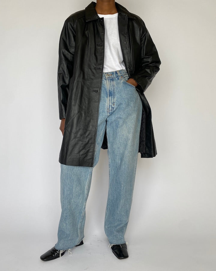 VINTAGE BLACK LONG LEATHER JACKET 4816