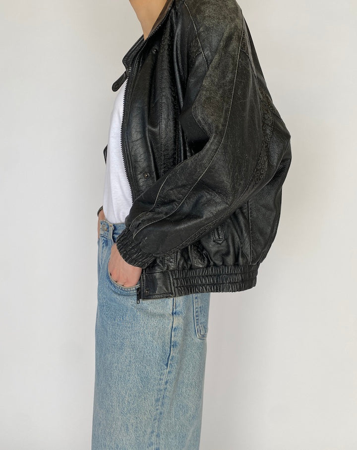 VINTAGE BLACK DETAILED LEATHER JACKET 4831