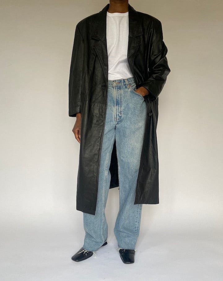 VINTAGE BLACK LONG LEATHER  COAT 4869