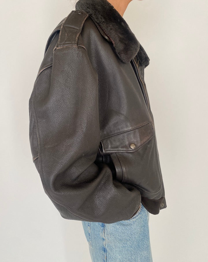 Vintage Dark Brown Leather Jacket with Collar 4921