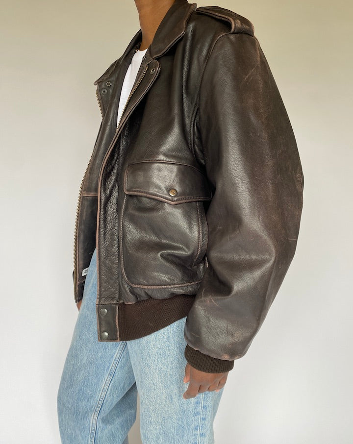 VINTAGE OVERSIZED DARK BROWN BOMBER LEATHER JACKET 4929