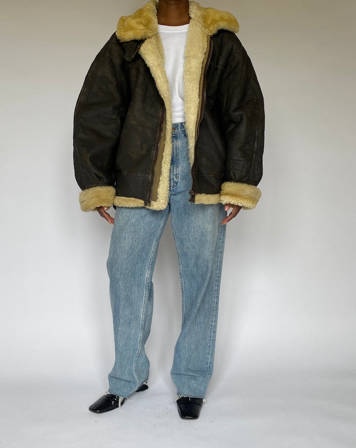 Vintage Oversized Brown Shearling Leather Jacket 4957
